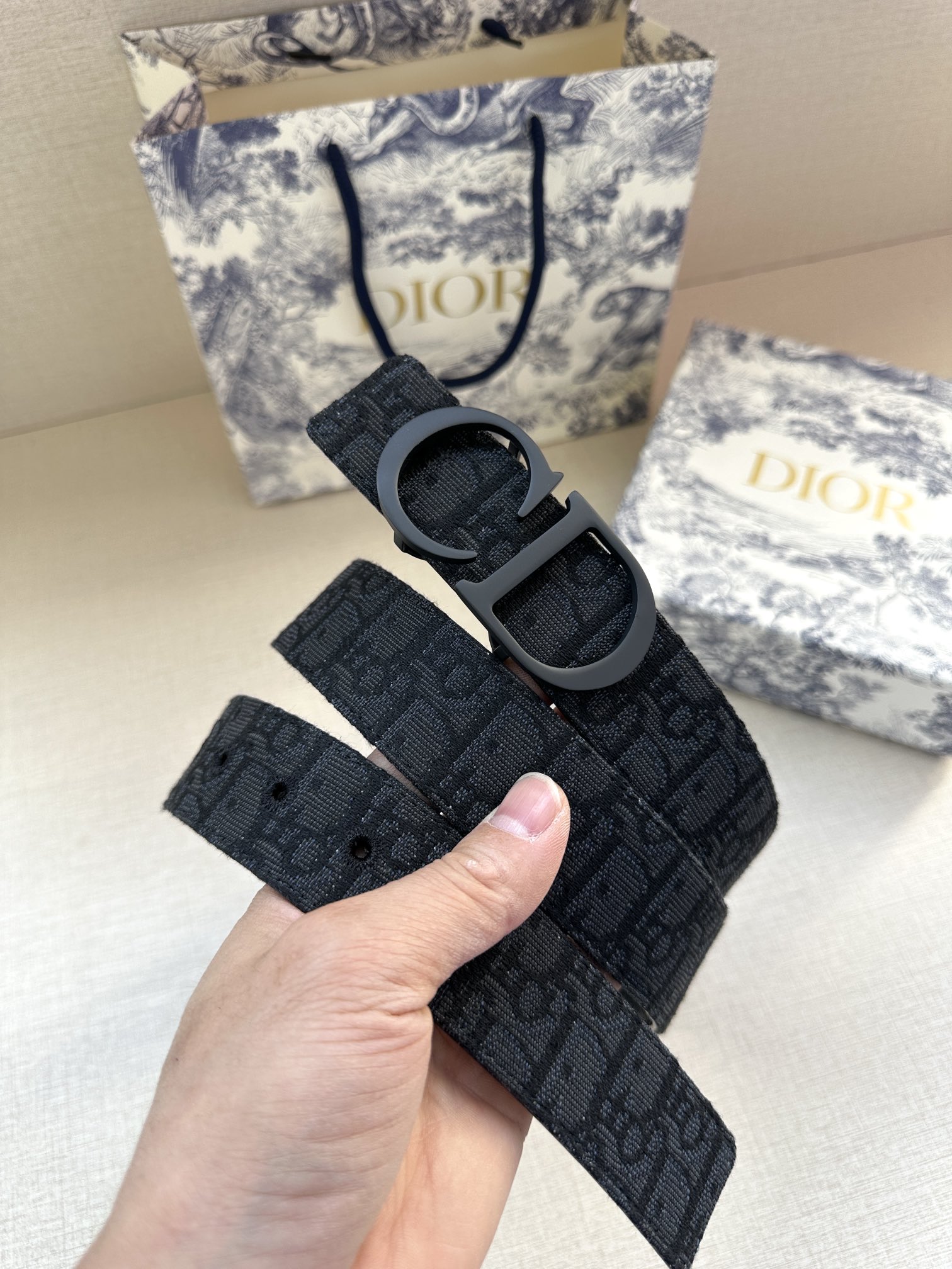 Dior 高仿 男款 Oblique老花帆布皮帶 黑色CD扣 潮流款