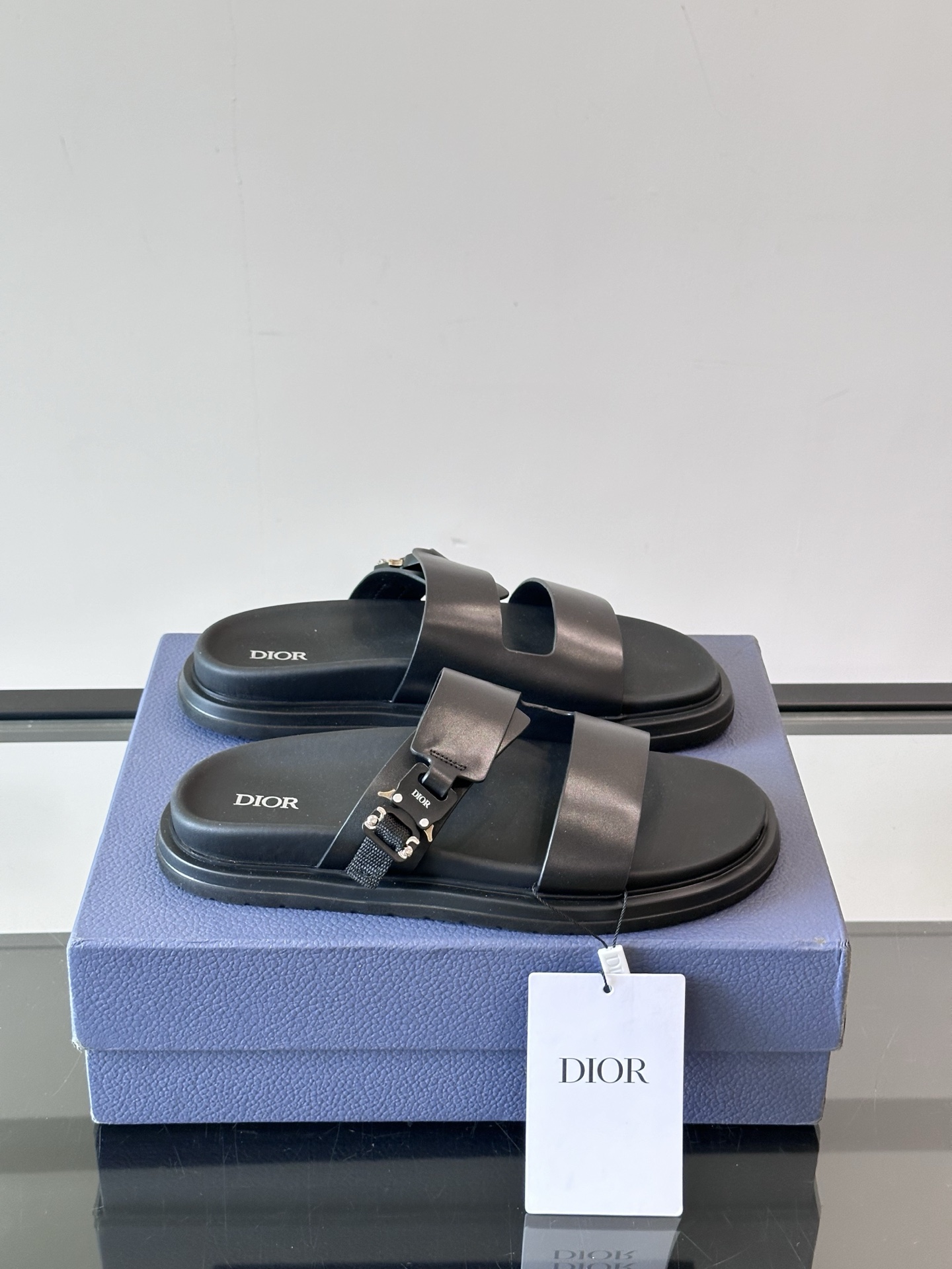 DIOR 一比一 男款雙帶皮革拖鞋 黑色經典涼拖