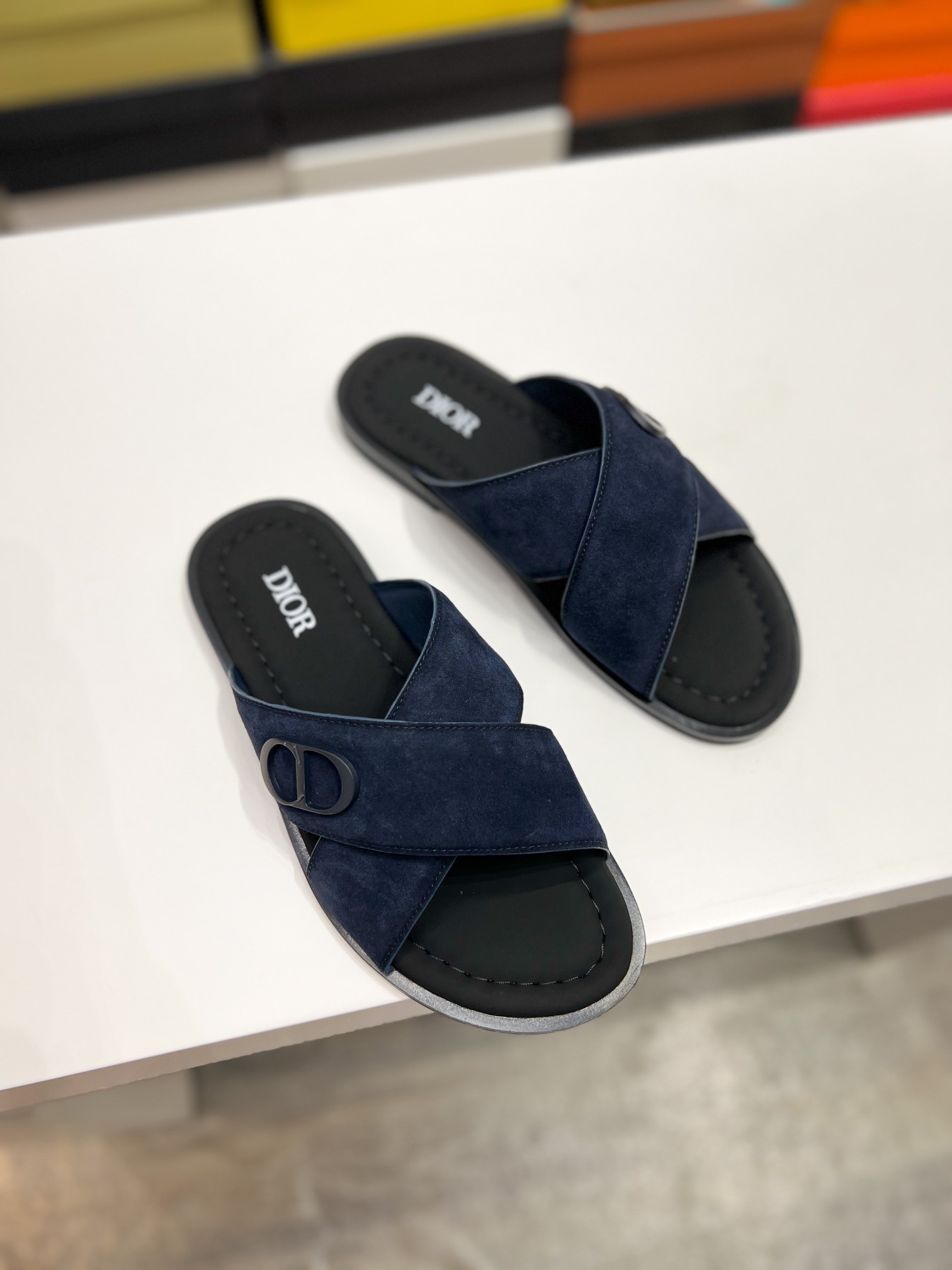 DIOR 高仿 男款CD交叉帶涼拖 深藍麂皮拖鞋 潮流休閒款
