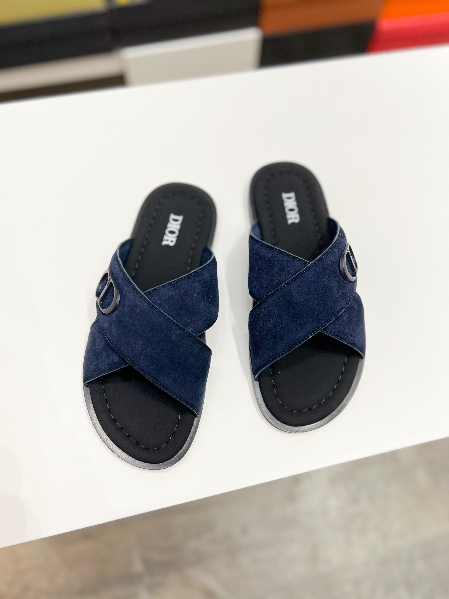 DIOR 高仿 男款CD交叉帶涼拖 深藍麂皮拖鞋 潮流休閒款| 7 DIOR 高仿 男款CD交叉帶涼拖 深藍麂皮拖鞋 潮流休閒款