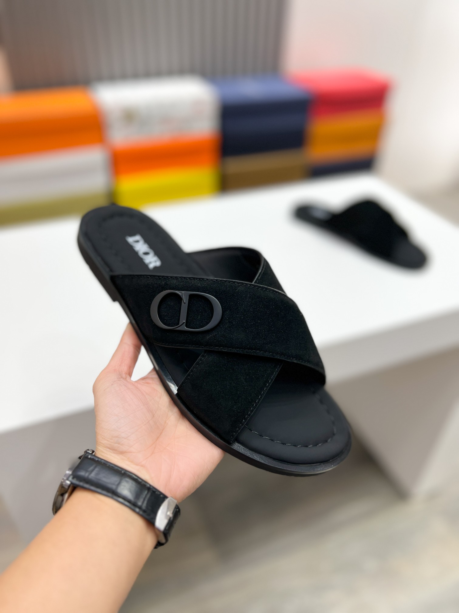 DIOR 一比一 男款CD交叉拖鞋 黑色麂皮涼拖 潮流百搭款