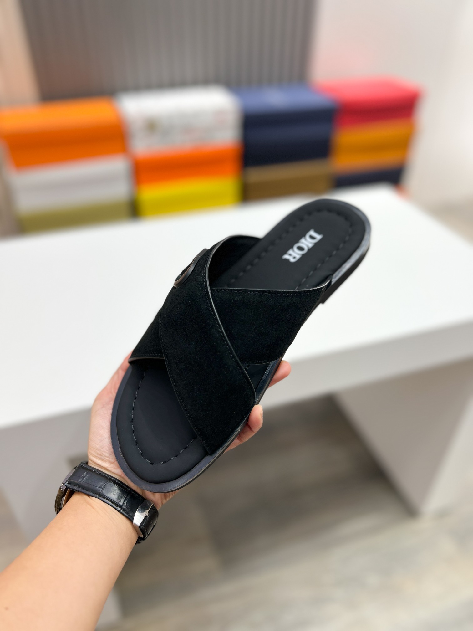 DIOR 一比一 男款CD交叉拖鞋 黑色麂皮涼拖 潮流百搭款| 13 DIOR 一比一 男款CD交叉拖鞋 黑色麂皮涼拖 潮流百搭款