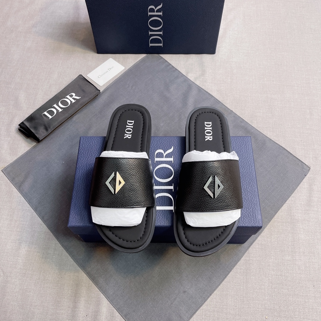 DIOR 高仿 男款CD皮革拖鞋 深藍休閒涼拖 潮流百搭