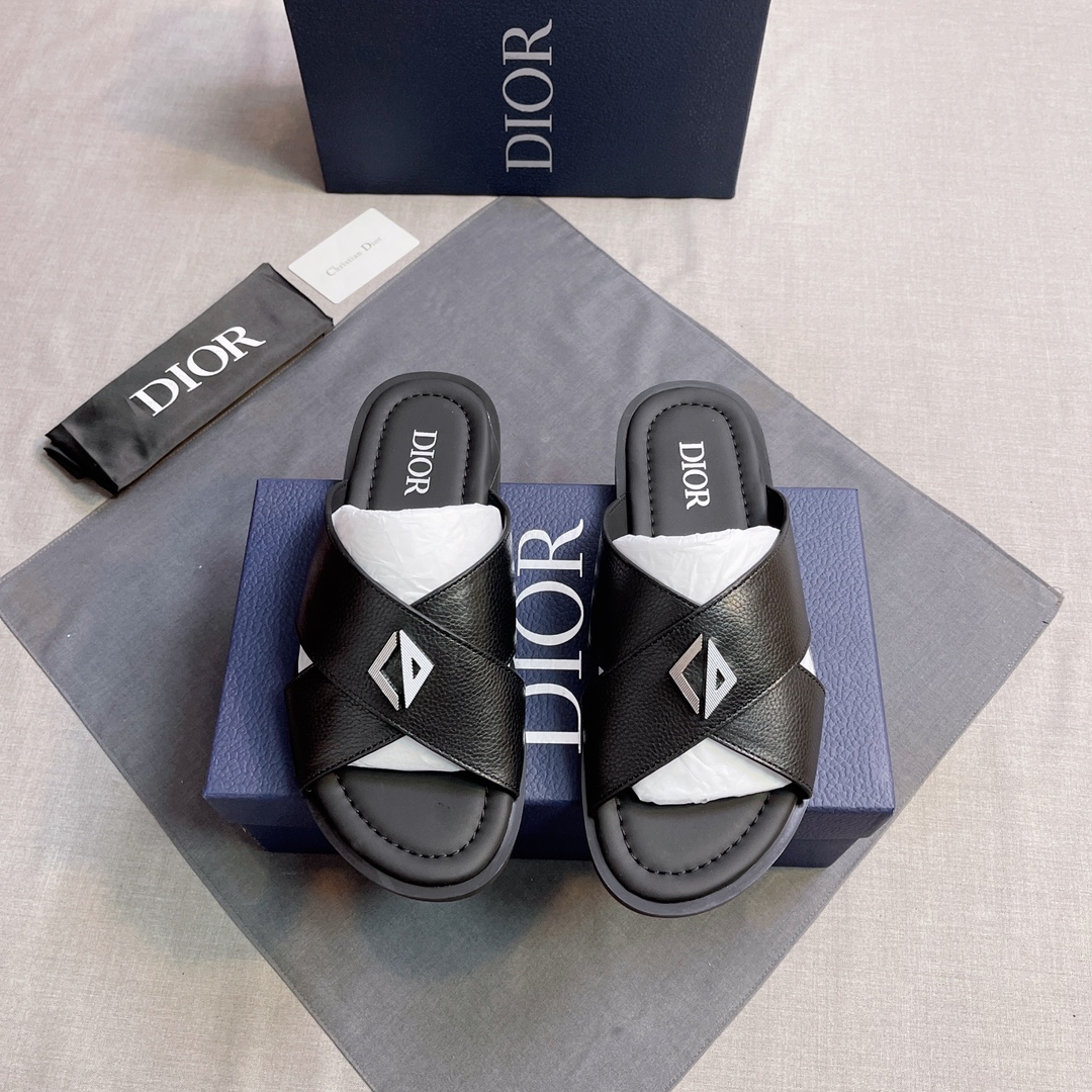 DIOR 一比一 男款CD皮革拖鞋 黑色休閒拖鞋