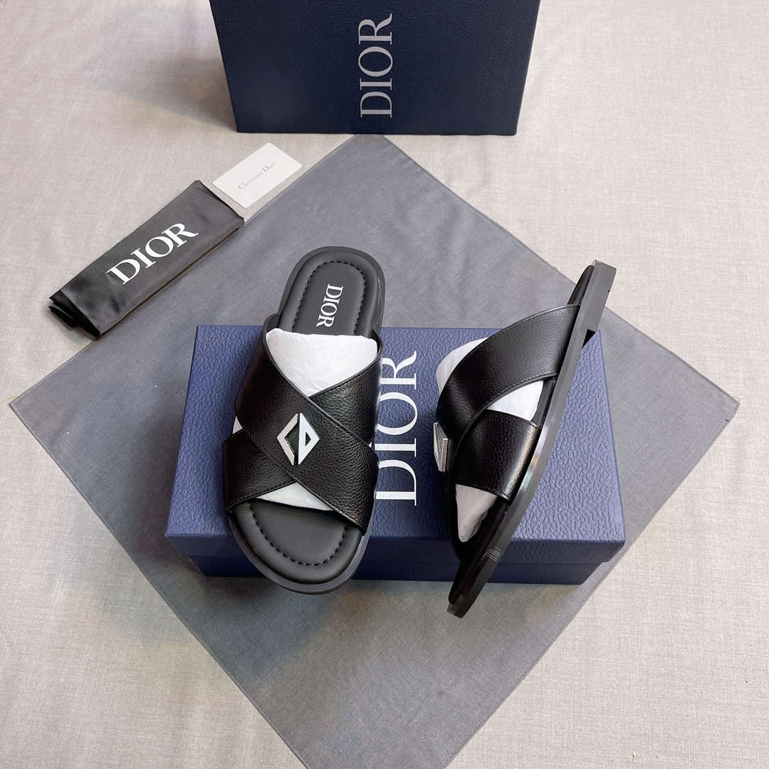 DIOR 一比一 男款CD皮革拖鞋 黑色休閒拖鞋| 14 DIOR 一比一 男款CD皮革拖鞋 黑色休閒拖鞋