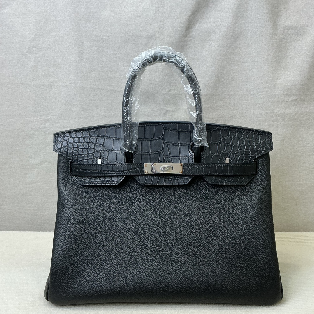 Hermes 高仿 女款 Birkin 手提包 黑灰拼接鱷魚紋 奢華質感款