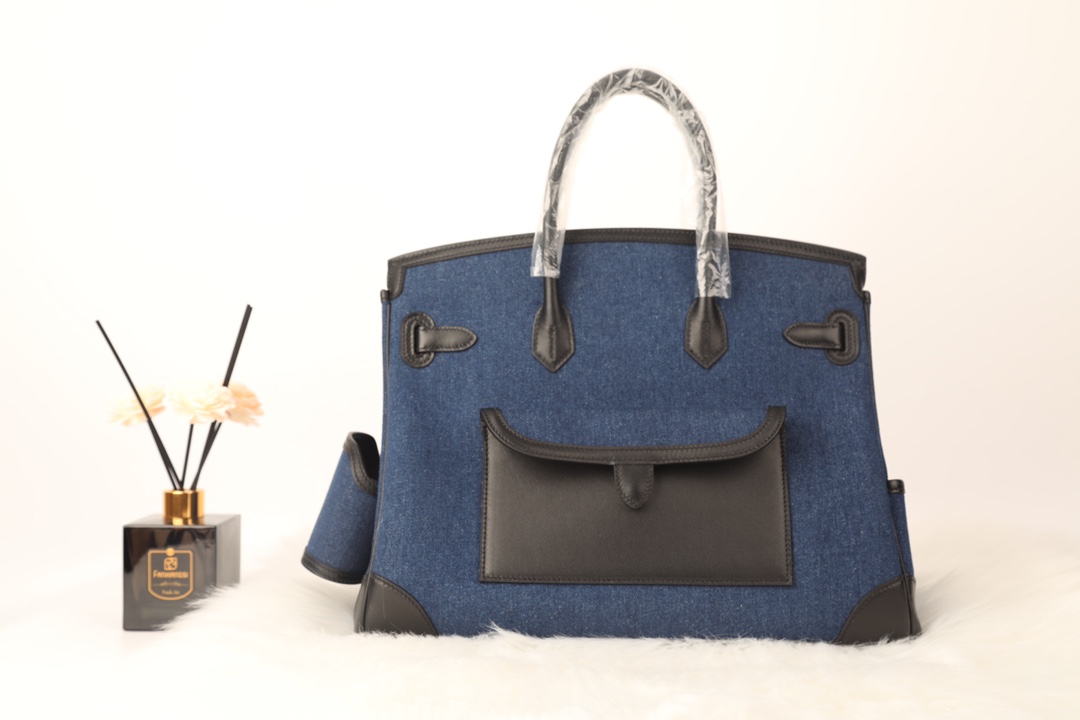 Hermes A貨 女款 Birkin 牛仔藍拼皮口袋手提包 休閒潮流風| 7 Hermes A貨 女款 Birkin 牛仔藍拼皮口袋手提包 休閒潮流風