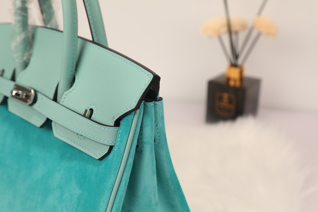 Hermes 高仿 女款 Birkin 湖水藍麂皮拼皮手提包 清新輕奢風| 8 Hermes 高仿 女款 Birkin 湖水藍麂皮拼皮手提包 清新輕奢風