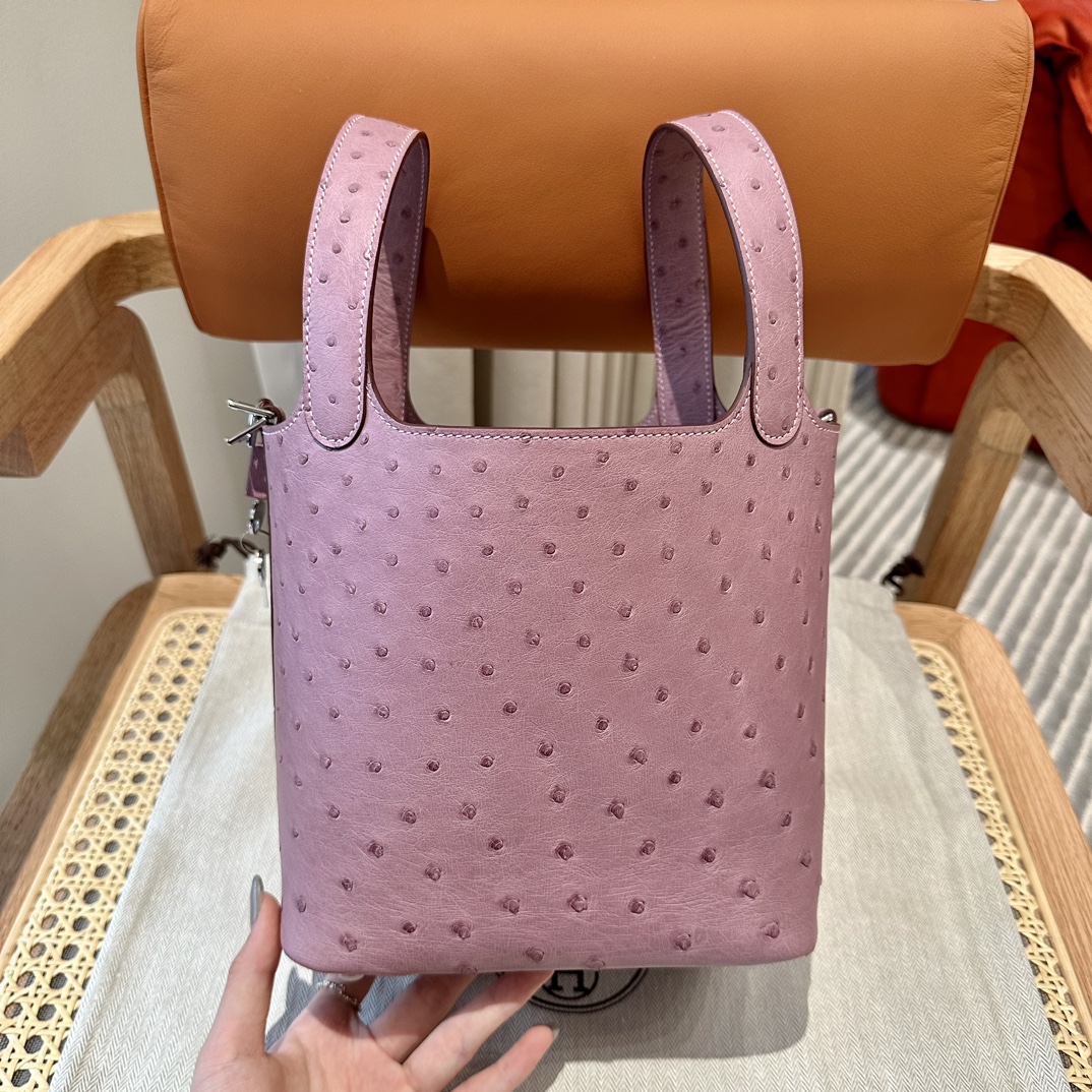 Hermes 高仿 女款 Picotin Lock 鴕鳥皮水桶包 粉色手提包 高級質感款| 8 Hermes 高仿 女款 Picotin Lock 鴕鳥皮水桶包 粉色手提包 高級質感款