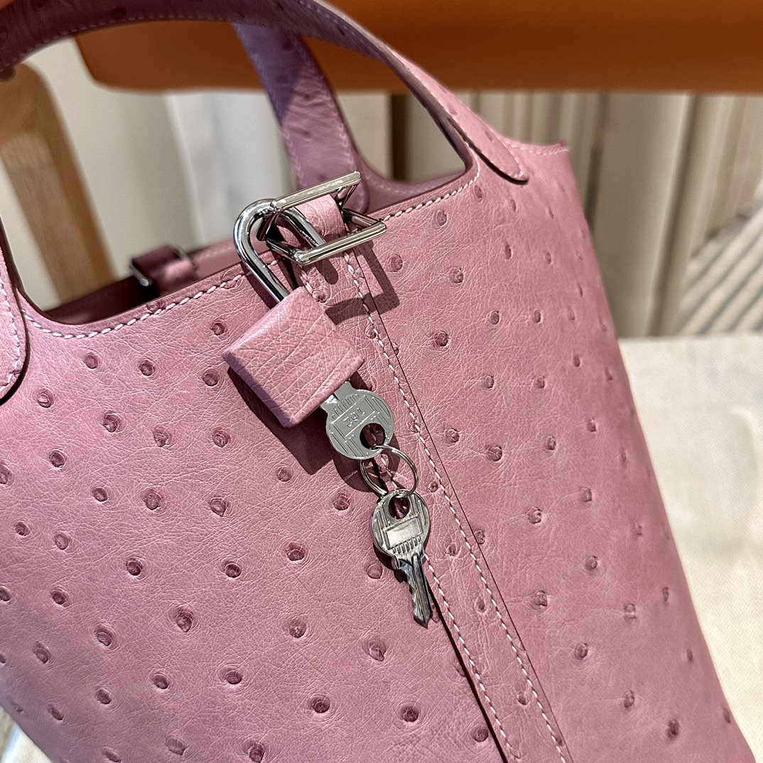 Hermes 高仿 女款 Picotin Lock 鴕鳥皮水桶包 粉色手提包 高級質感款| 7 Hermes 高仿 女款 Picotin Lock 鴕鳥皮水桶包 粉色手提包 高級質感款