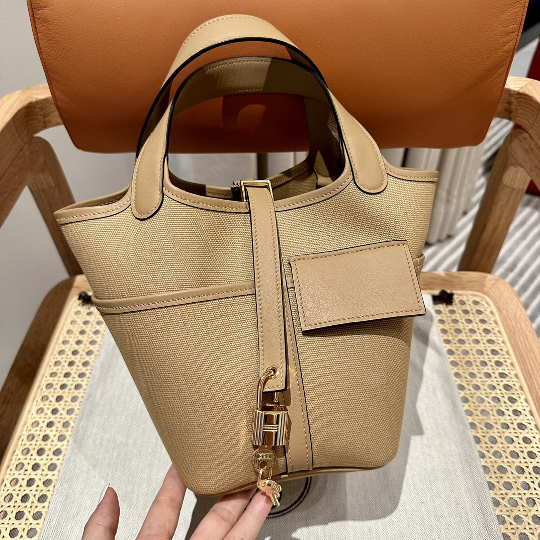 Hermes 高仿 女款 Picotin Lock 帆布拼皮手提包 卡其色通勤包| 14 Hermes 高仿 女款 Picotin Lock 帆布拼皮手提包 卡其色通勤包