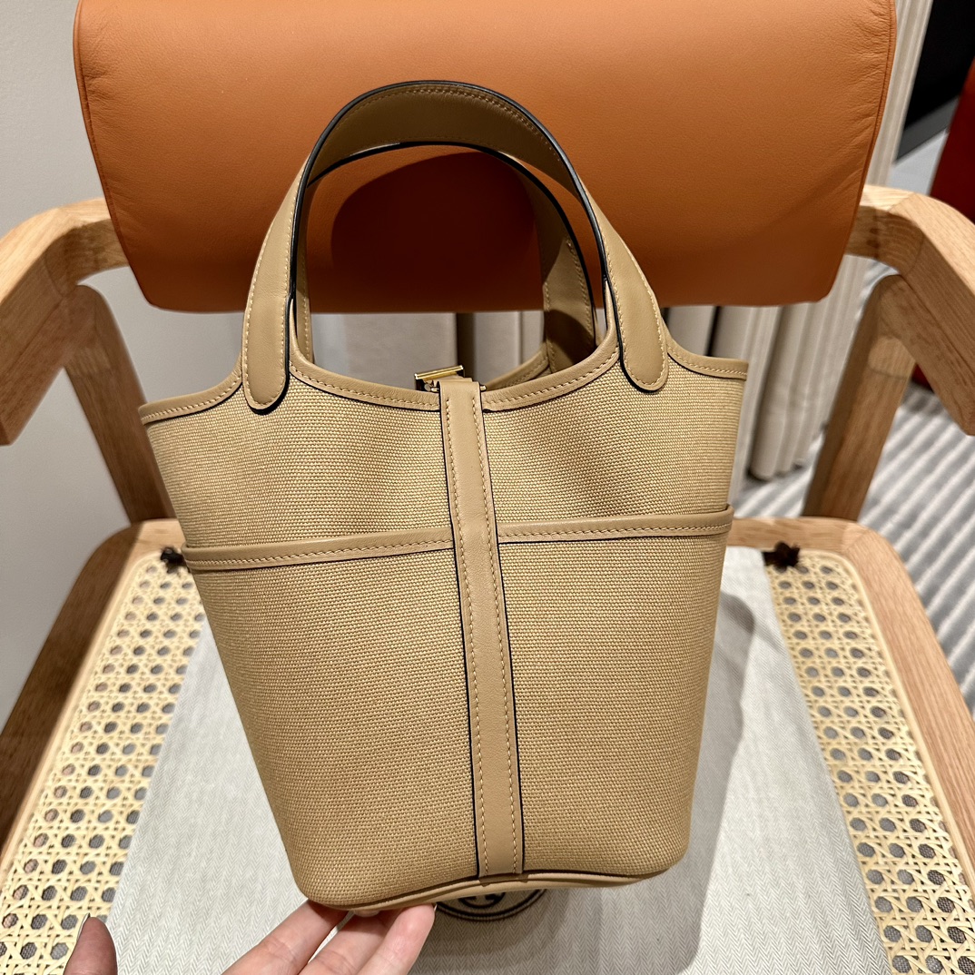Hermes 高仿 女款 Picotin Lock 帆布拼皮手提包 卡其色通勤包| 12 Hermes 高仿 女款 Picotin Lock 帆布拼皮手提包 卡其色通勤包