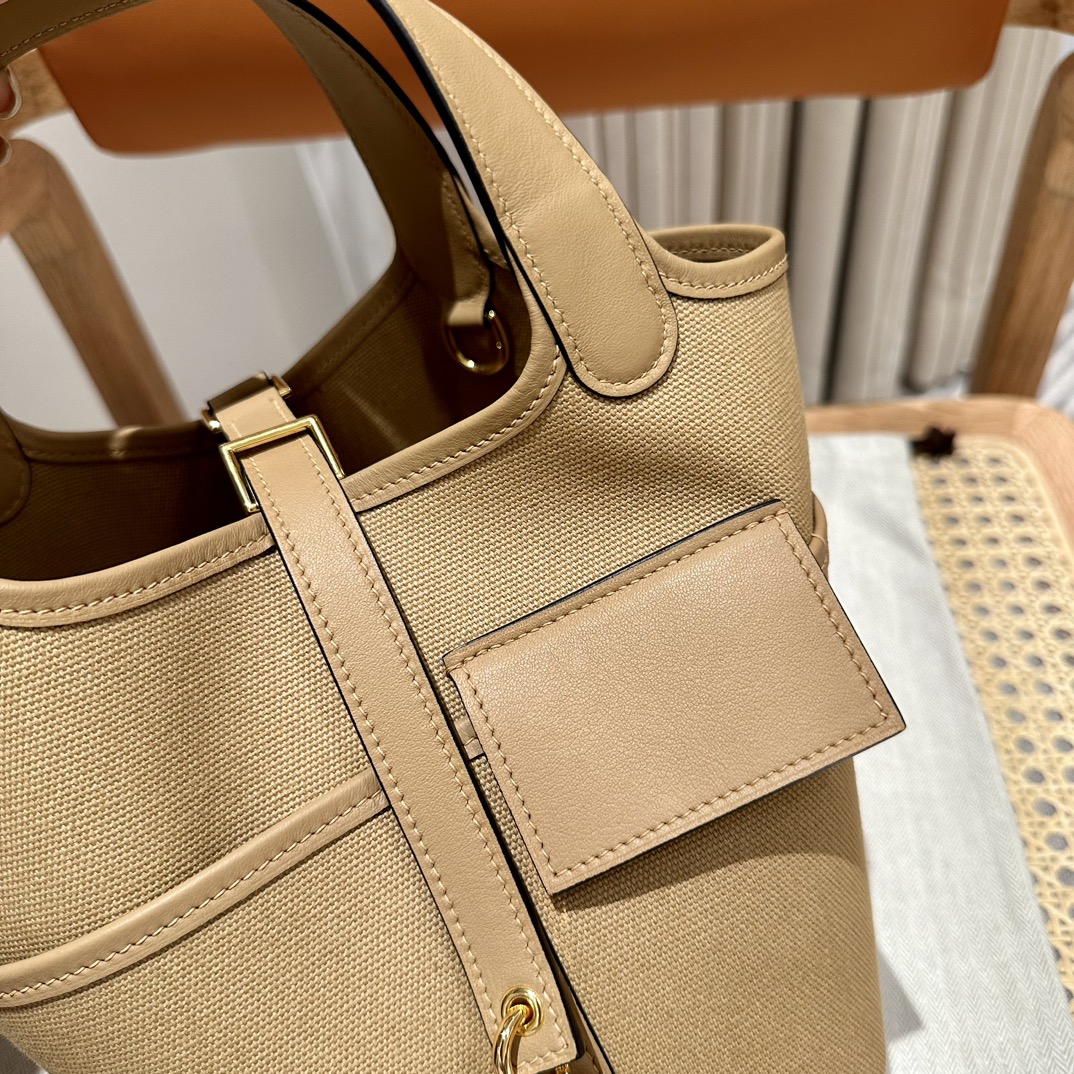 Hermes 高仿 女款 Picotin Lock 帆布拼皮手提包 卡其色通勤包| 11 Hermes 高仿 女款 Picotin Lock 帆布拼皮手提包 卡其色通勤包