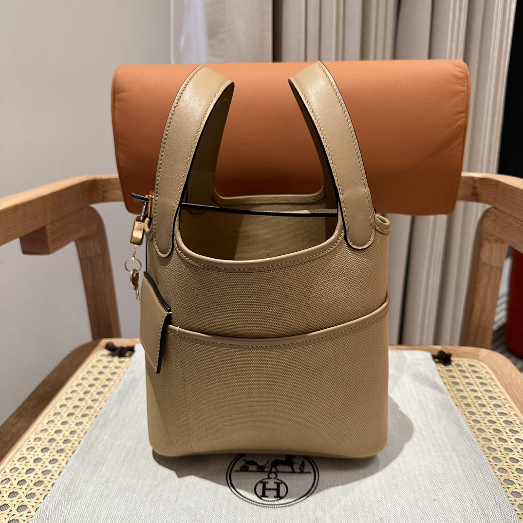 Hermes 高仿 女款 Picotin Lock 帆布拼皮手提包 卡其色通勤包| 7 Hermes 高仿 女款 Picotin Lock 帆布拼皮手提包 卡其色通勤包