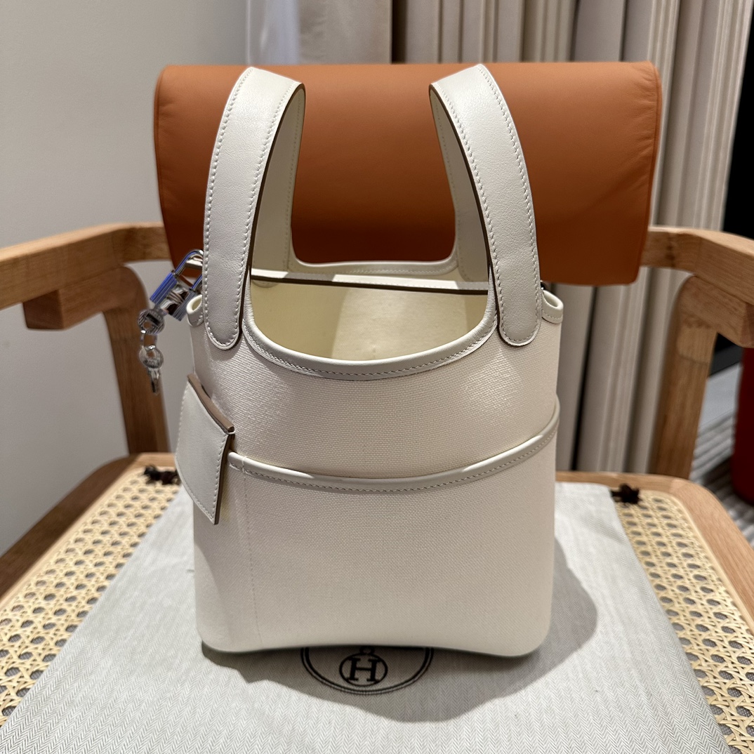 Hermes 一比一 女款 Picotin Lock 帆布拼皮手提包 米白色氣質款| 12 Hermes 一比一 女款 Picotin Lock 帆布拼皮手提包 米白色氣質款