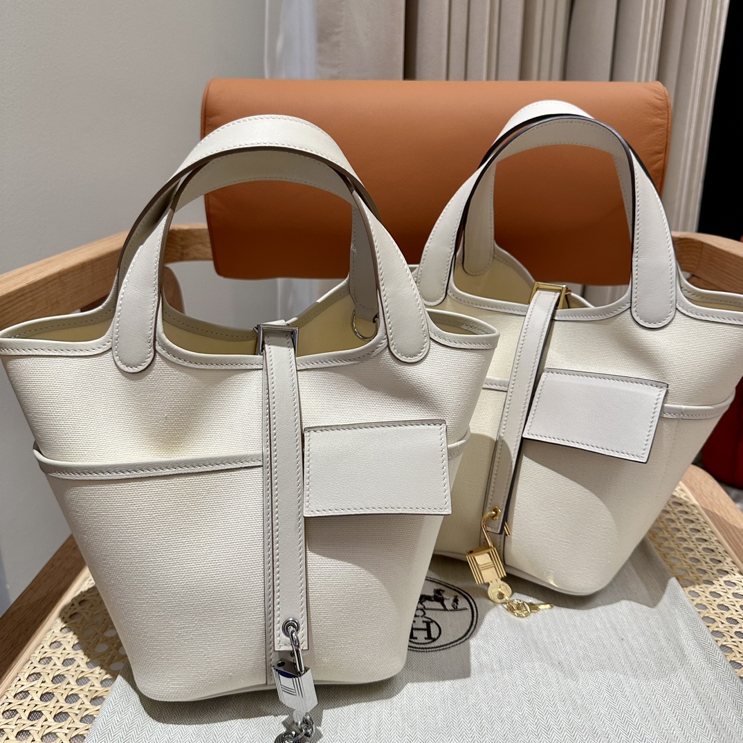 Hermes 一比一 女款 Picotin Lock 帆布拼皮手提包 米白色氣質款| 11 Hermes 一比一 女款 Picotin Lock 帆布拼皮手提包 米白色氣質款