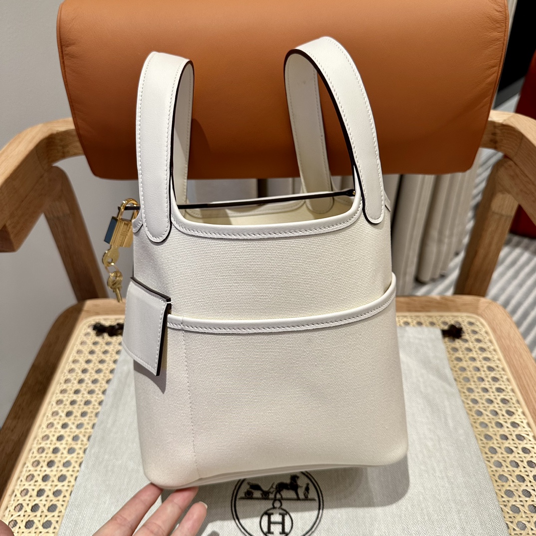 Hermes 一比一 女款 Picotin Lock 帆布拼皮手提包 米白色氣質款| 8 Hermes 一比一 女款 Picotin Lock 帆布拼皮手提包 米白色氣質款