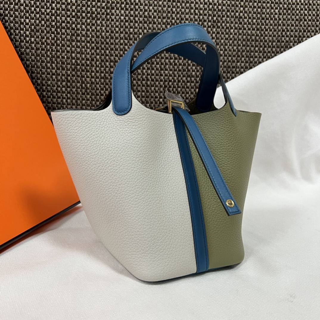 Hermes 原單 女款 Picotin Lock 拼色手提包 綠白藍撞色設計款| 14 Hermes 原單 女款 Picotin Lock 拼色手提包 綠白藍撞色設計款
