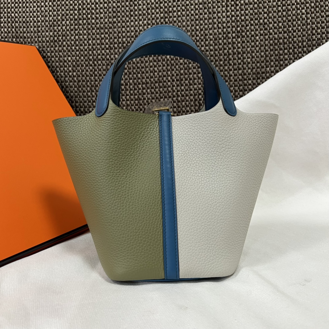 Hermes 原單 女款 Picotin Lock 拼色手提包 綠白藍撞色設計款| 11 Hermes 原單 女款 Picotin Lock 拼色手提包 綠白藍撞色設計款
