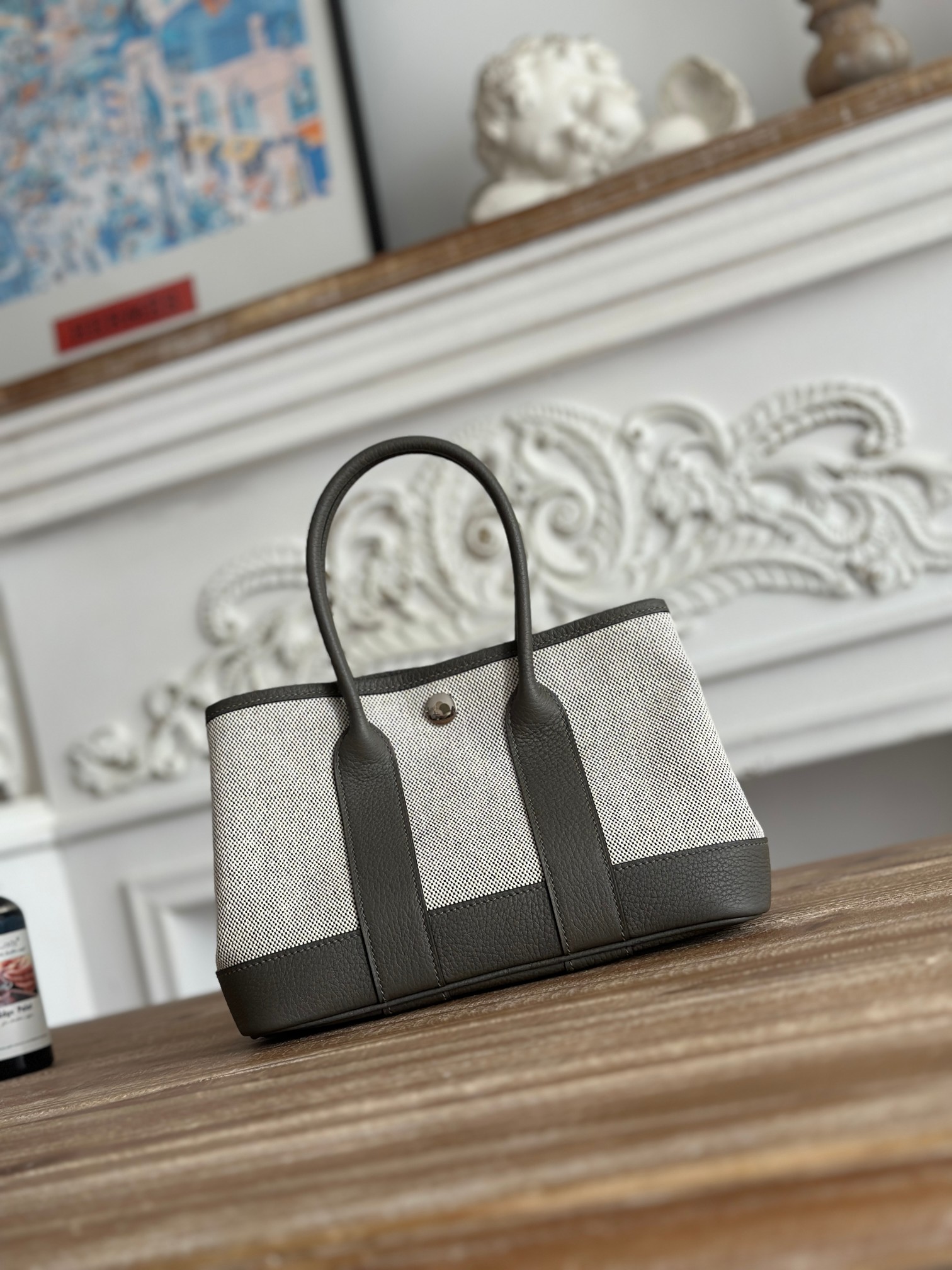 Hermes 高仿 Garden Party 深灰拼帆布手提包 女款簡約托特包
