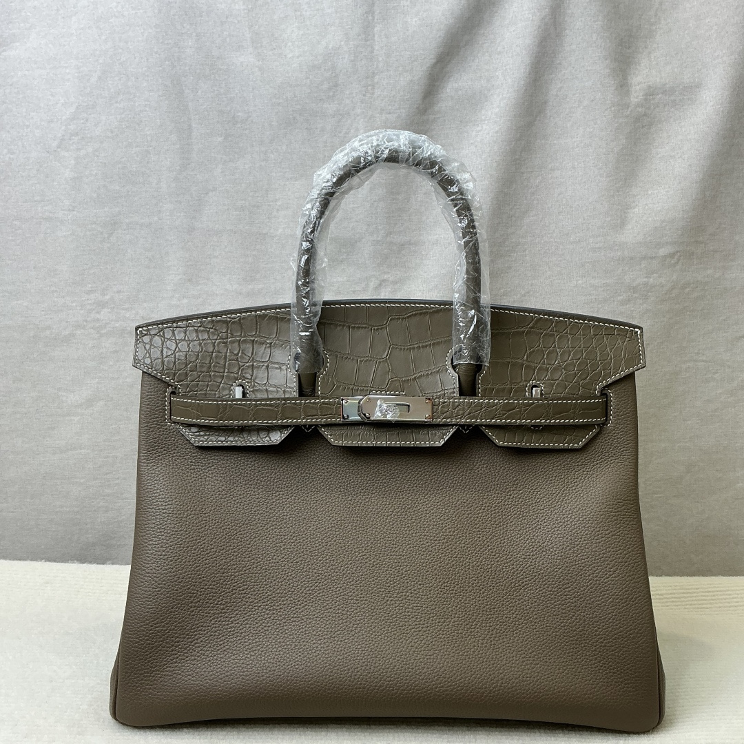 Hermes 高仿 女款 Birkin 手提包 灰棕拼接款 百搭輕奢風