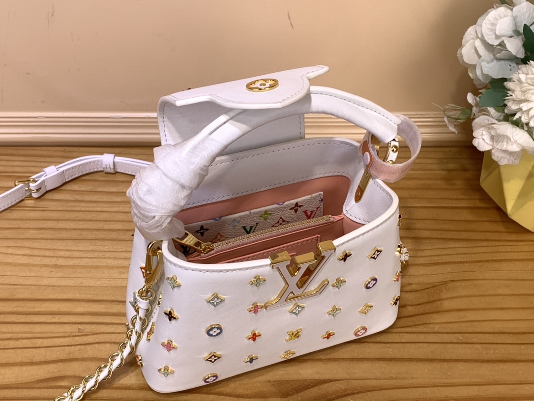 LV A貨 女款 Capucines 白色彩色鉚釘手提包 鏈條斜背包| 7 LV A貨 女款 Capucines 白色彩色鉚釘手提包 鏈條斜背包