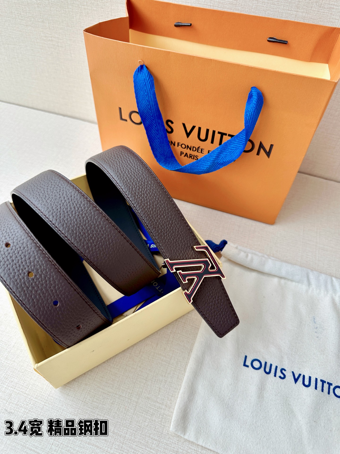 LV 高仿 男款 咖啡色雙面LV扣皮帶 3.4cm復古質感精品款