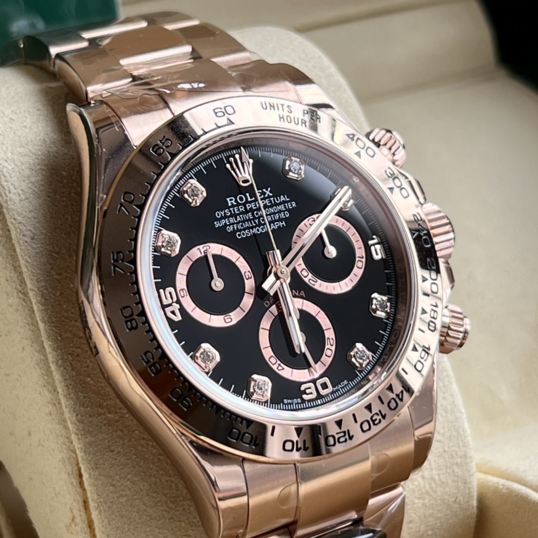 Rolex 高仿 男款 Daytona 玫瑰金黑面鑽刻計時腕錶 奢華潮流款| 13 Rolex 高仿 男款 Daytona 玫瑰金黑面鑽刻計時腕錶 奢華潮流款