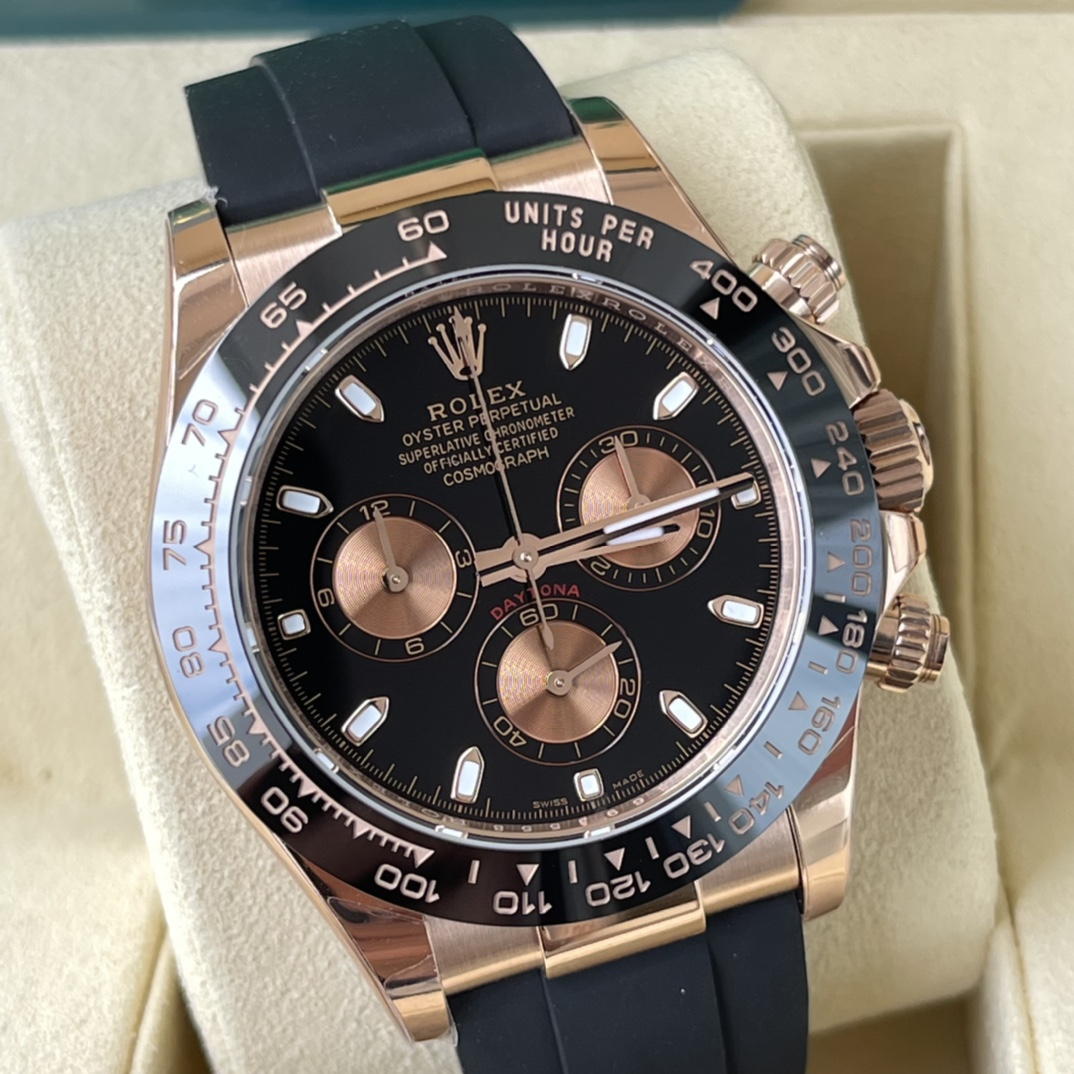 Rolex 高仿 男款 Daytona 黑面橡膠帶玫瑰金計時腕錶 運動奢華款| 12 Rolex 高仿 男款 Daytona 黑面橡膠帶玫瑰金計時腕錶 運動奢華款