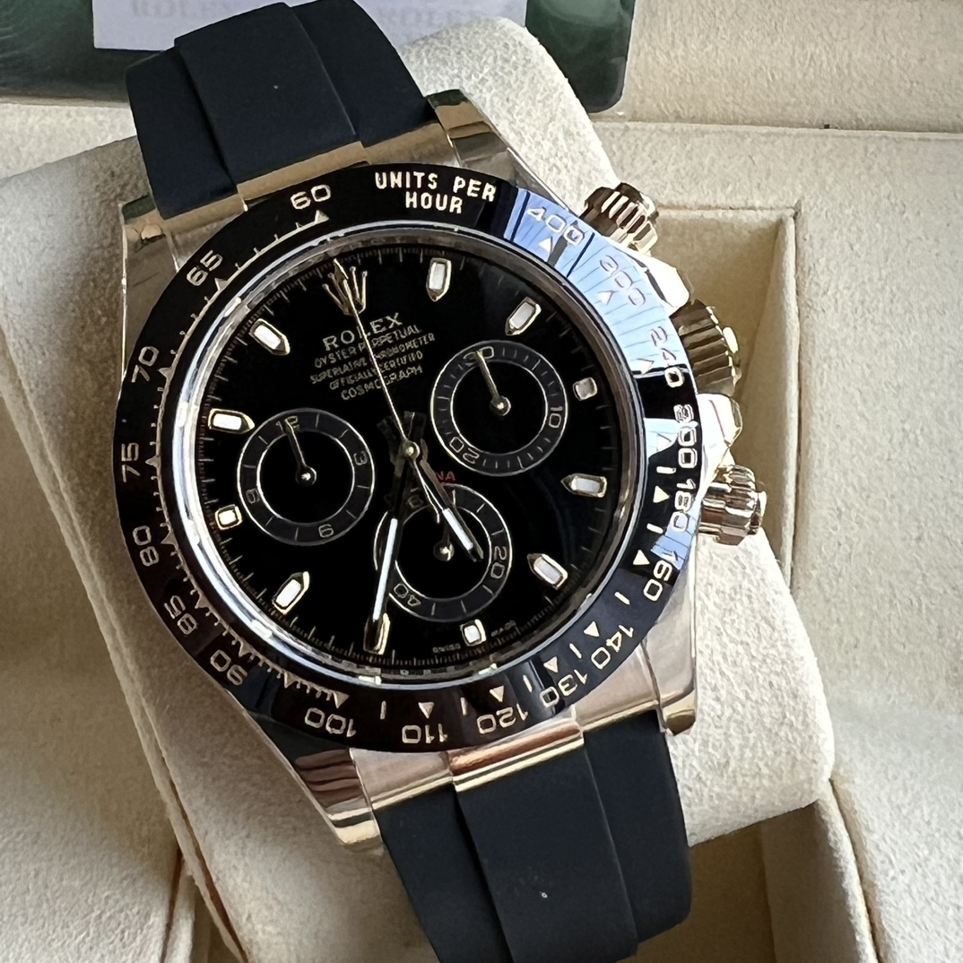 Rolex 高仿 男款 Daytona 黑面橡膠帶玫瑰金計時腕錶 經典運動款| 12 Rolex 高仿 男款 Daytona 黑面橡膠帶玫瑰金計時腕錶 經典運動款