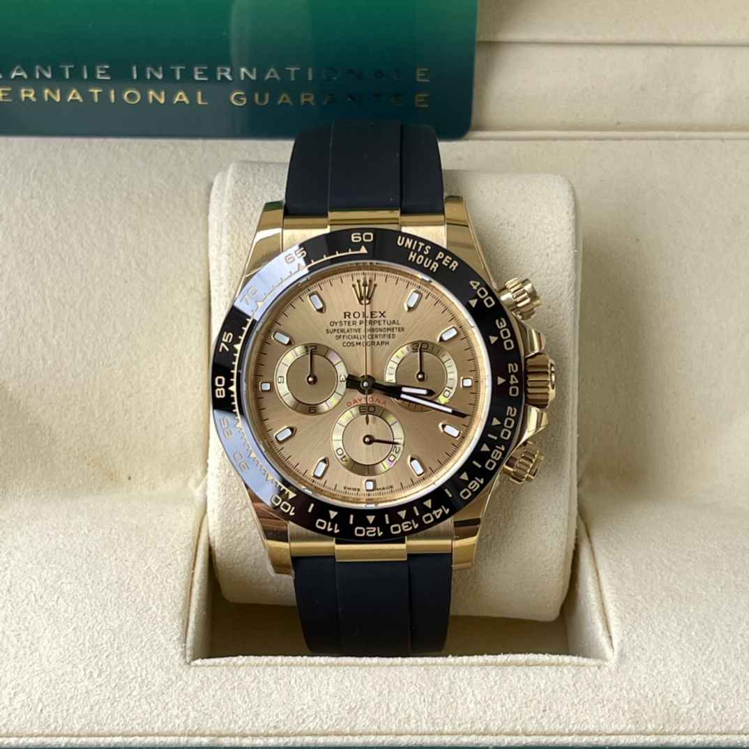 Rolex 一比一 男款 Daytona 香檳面橡膠帶計時腕錶 經典奢華款