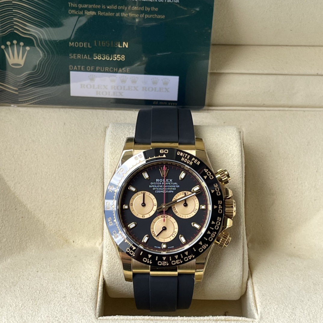 Rolex A貨 男款 Daytona 黑金面橡膠帶計時腕錶 奢華運動風