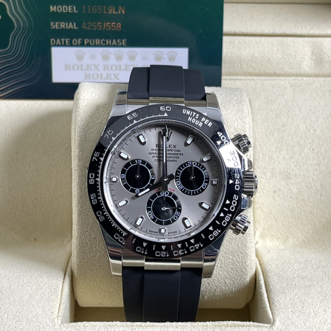 Rolex 原單 男款 Daytona 銀面黑圈橡膠帶計時腕錶 簡約質感款