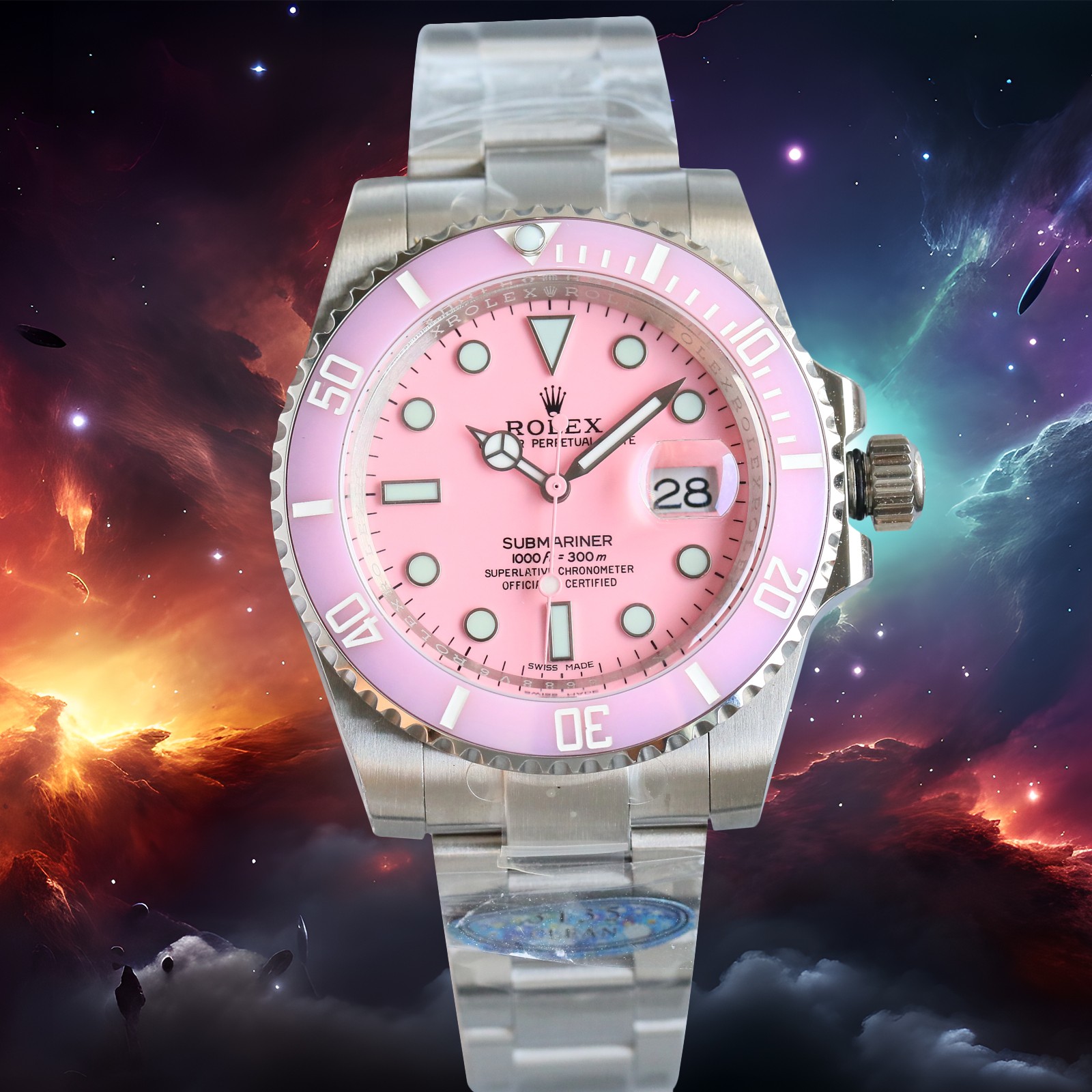 ROLEX高仿水鬼粉色面潛水腕錶 個性少女風運動款精鋼手錶