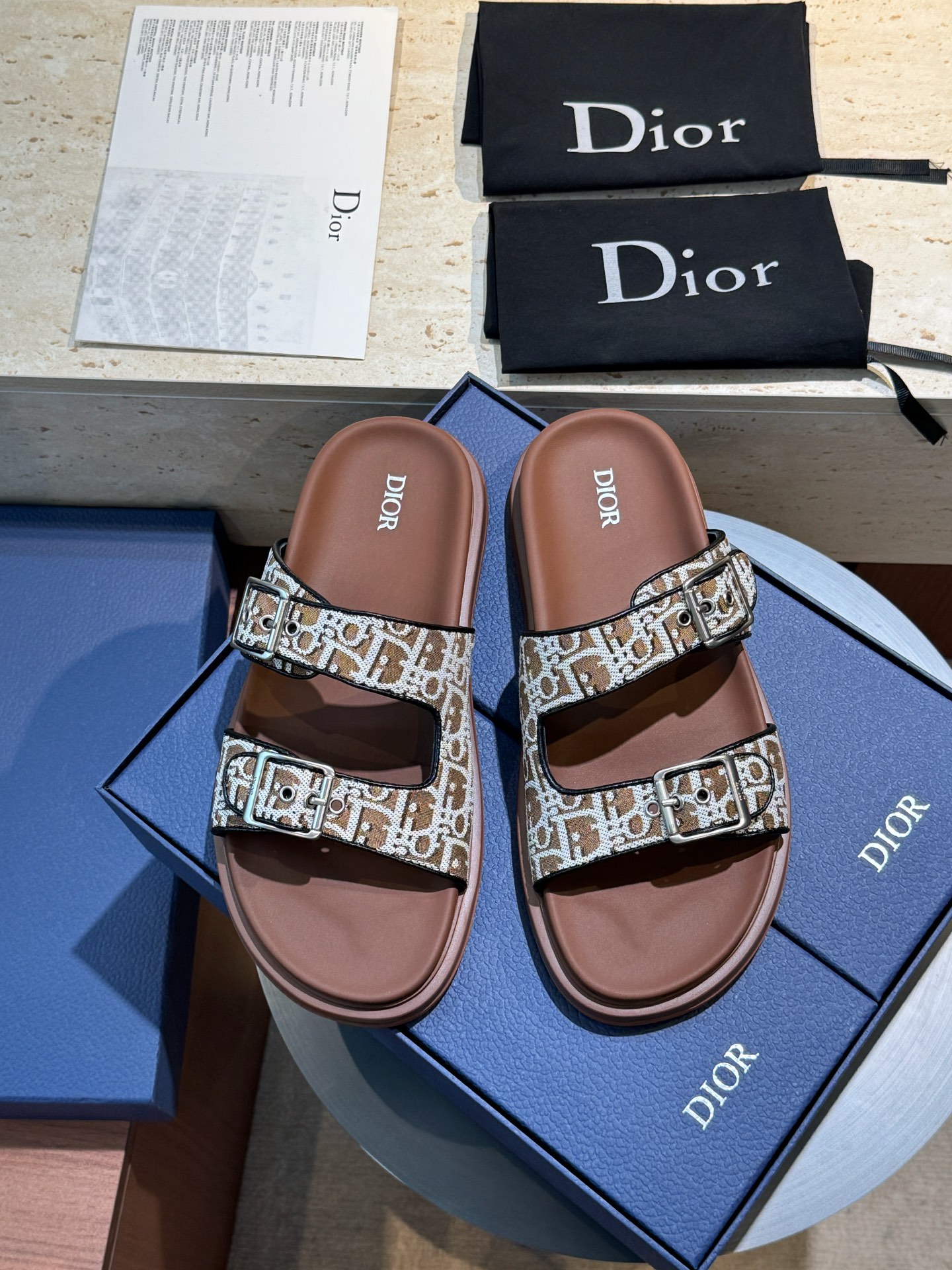 Dior 一比一 男款藍色緹花拖鞋 雙扣設計夏季潮流款| 13 Dior 一比一 男款藍色緹花拖鞋 雙扣設計夏季潮流款