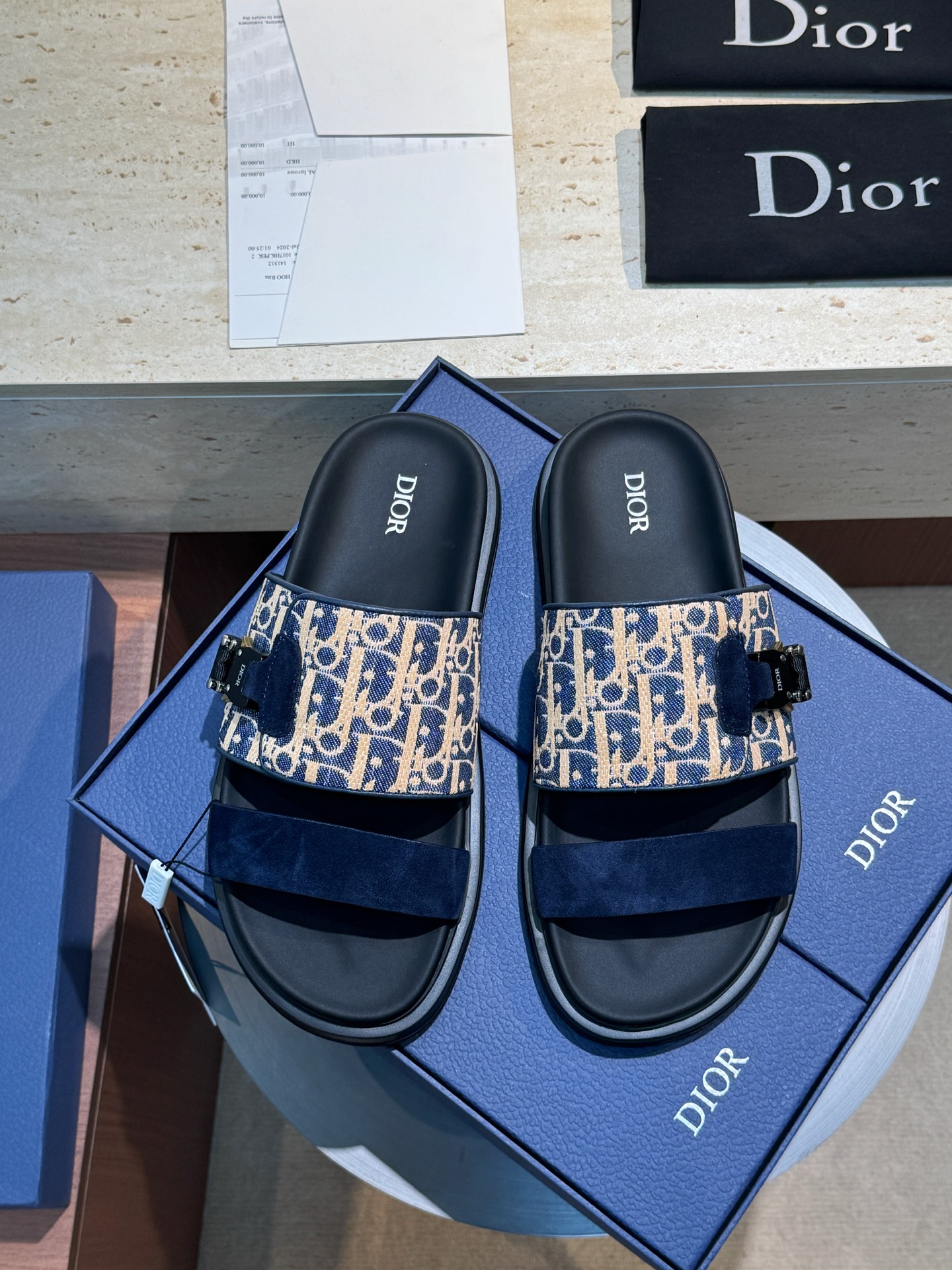 Dior 一比一 男款藍米緹花拼接拖鞋 雙帶潮流款| 13 Dior 一比一 男款藍米緹花拼接拖鞋 雙帶潮流款