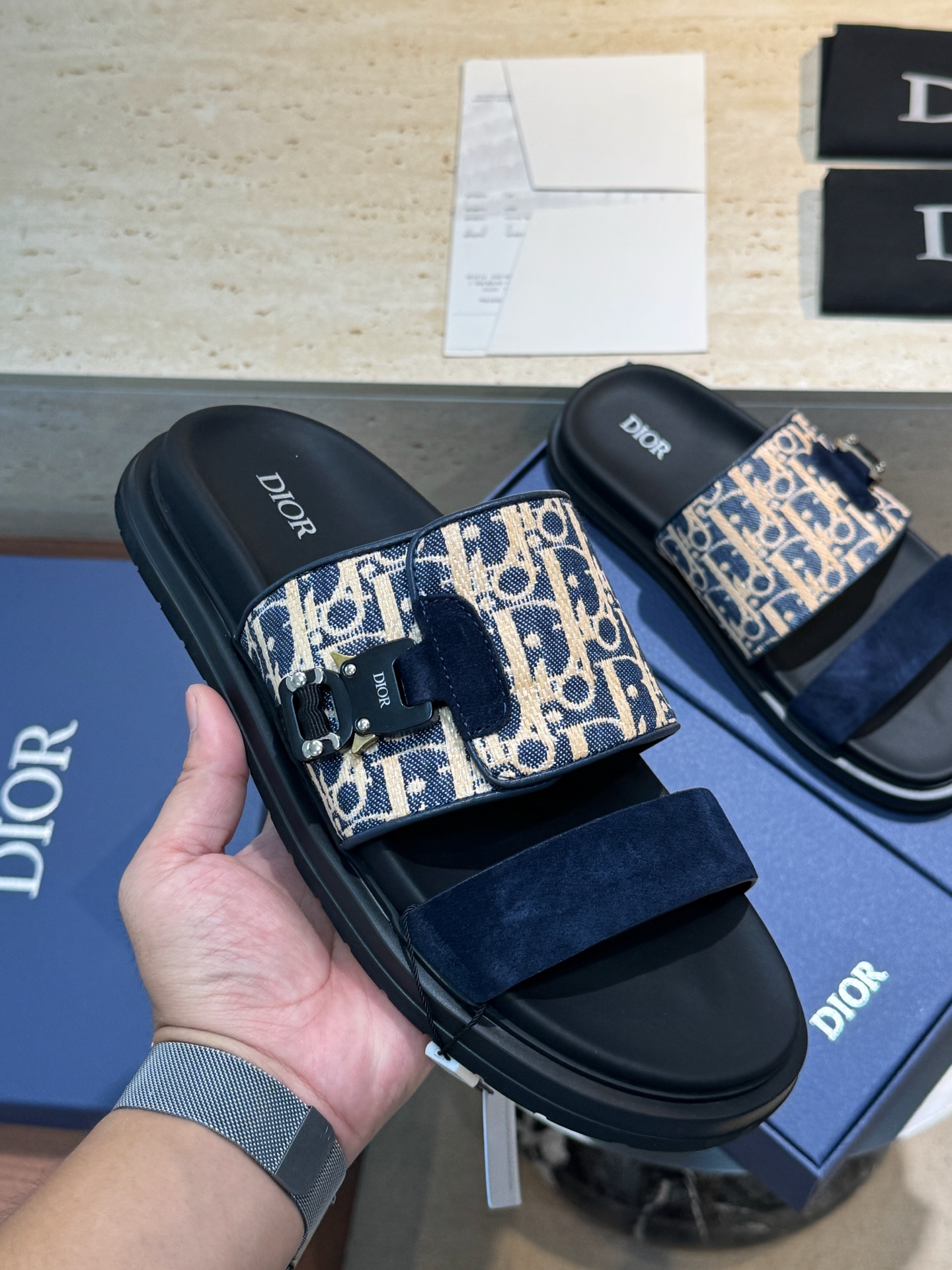 Dior 一比一 男款藍米緹花拼接拖鞋 雙帶潮流款| 12 Dior 一比一 男款藍米緹花拼接拖鞋 雙帶潮流款