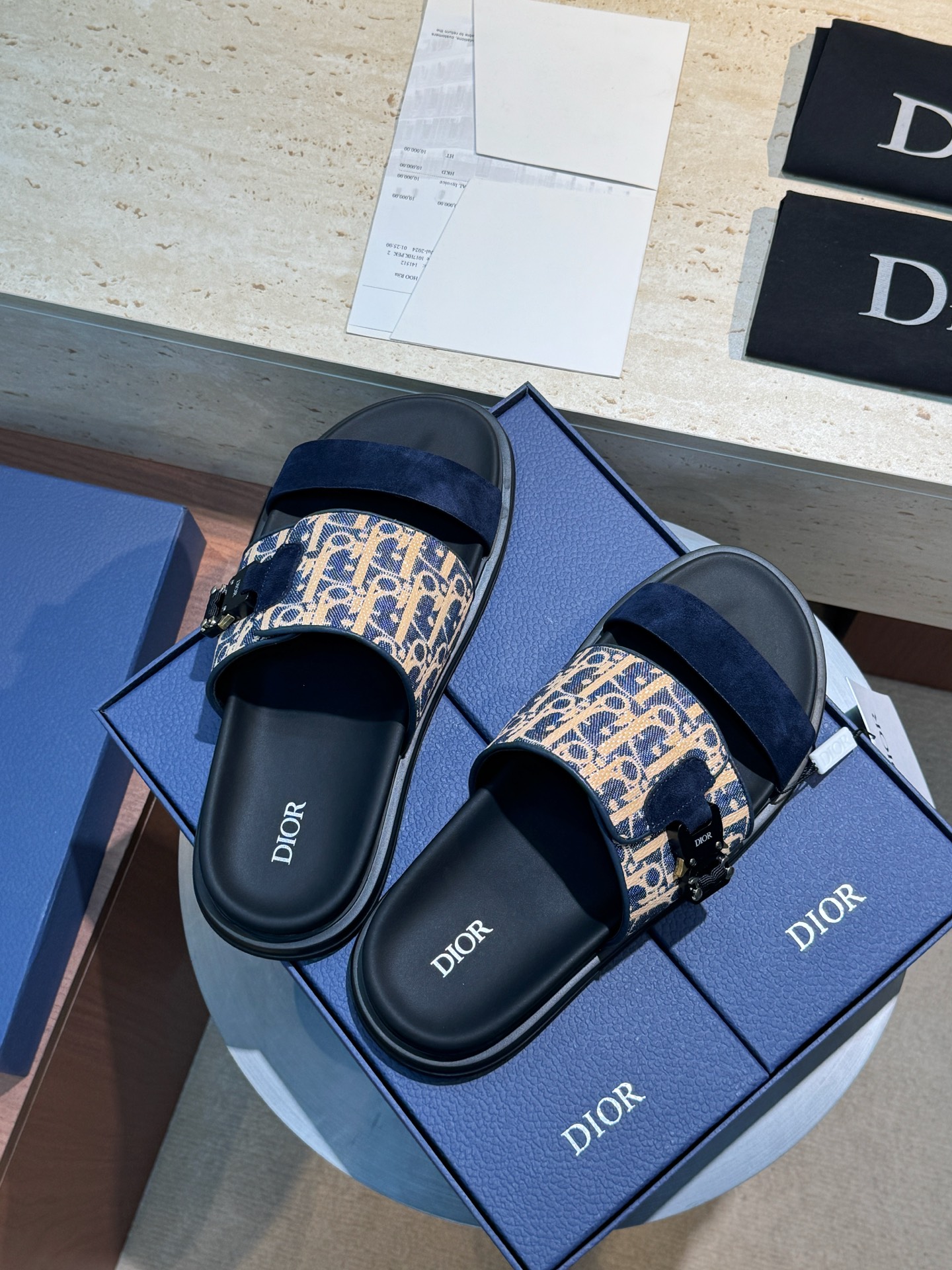 Dior 一比一 男款藍米緹花拼接拖鞋 雙帶潮流款| 11 Dior 一比一 男款藍米緹花拼接拖鞋 雙帶潮流款