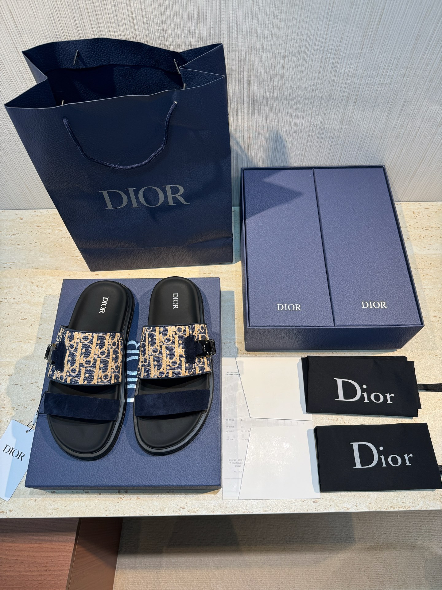 Dior 一比一 男款藍米緹花拼接拖鞋 雙帶潮流款| 9 Dior 一比一 男款藍米緹花拼接拖鞋 雙帶潮流款