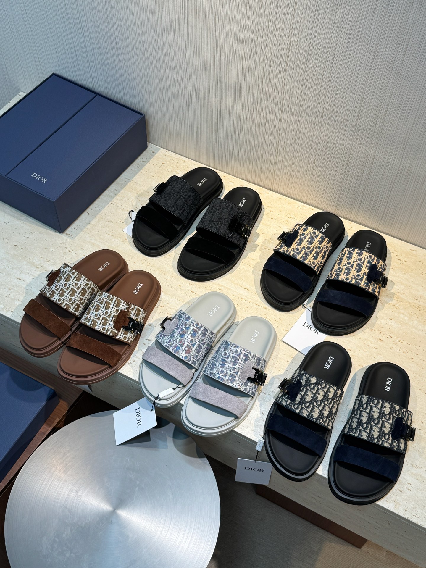 Dior 一比一 男款藍米緹花拼接拖鞋 雙帶潮流款| 8 Dior 一比一 男款藍米緹花拼接拖鞋 雙帶潮流款