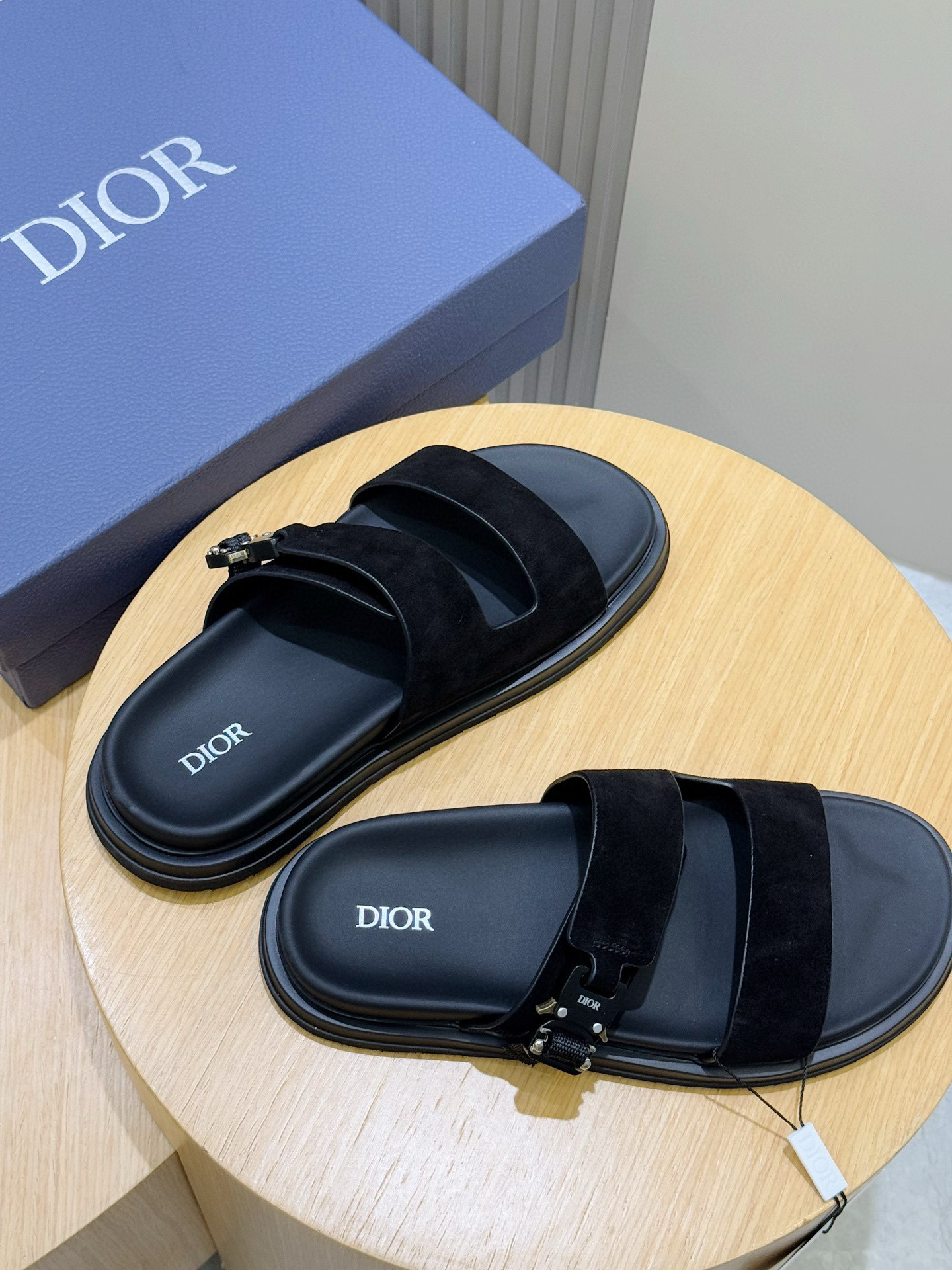 Dior原單男士黑色絲絨雙帶拖鞋高端質感休閒款| 9 Dior原單男士黑色絲絨雙帶拖鞋高端質感休閒款