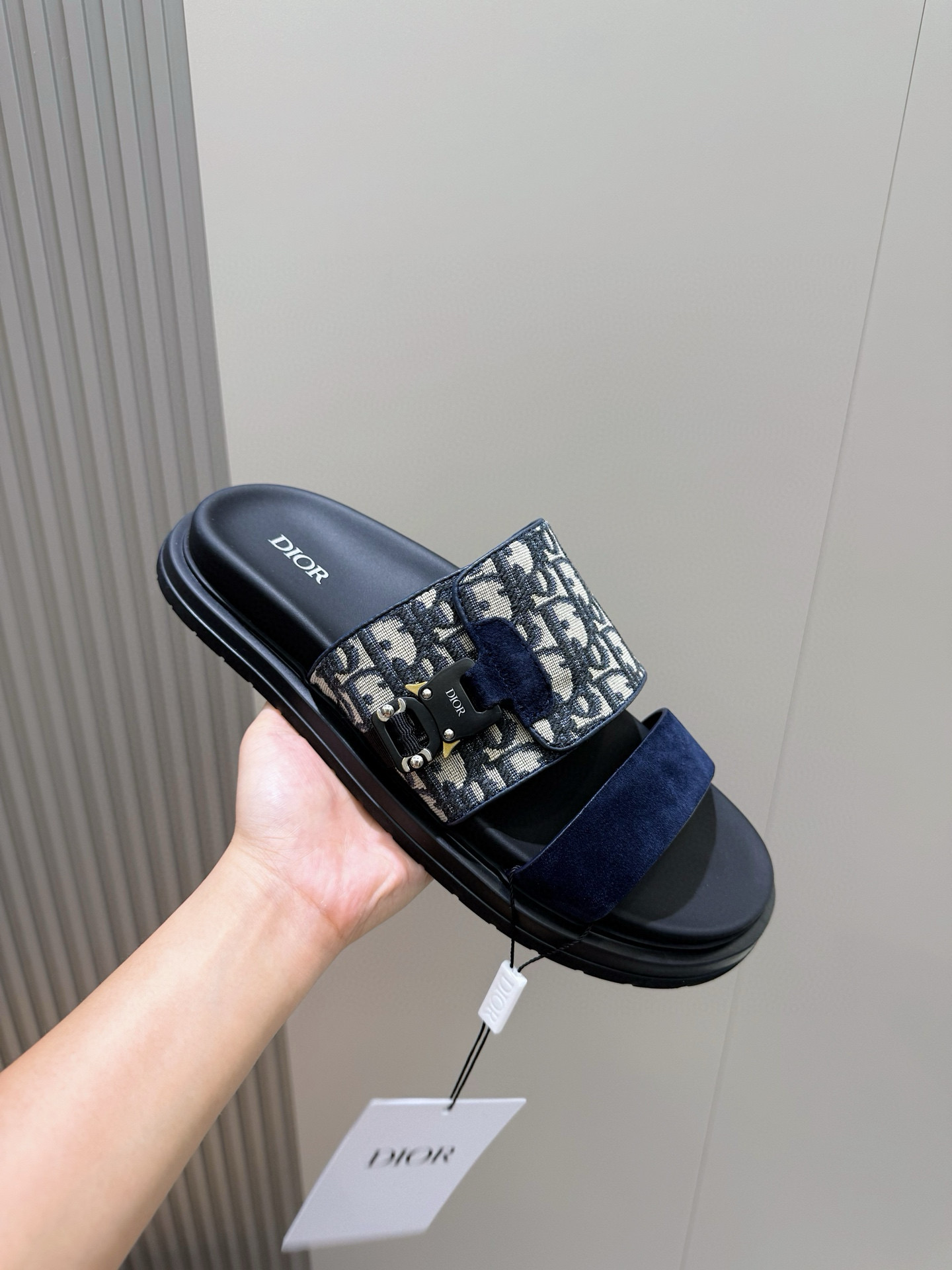 DiorA貨男士深藍拼老花雙帶拖鞋高端休閒款| 10 DiorA貨男士深藍拼老花雙帶拖鞋高端休閒款