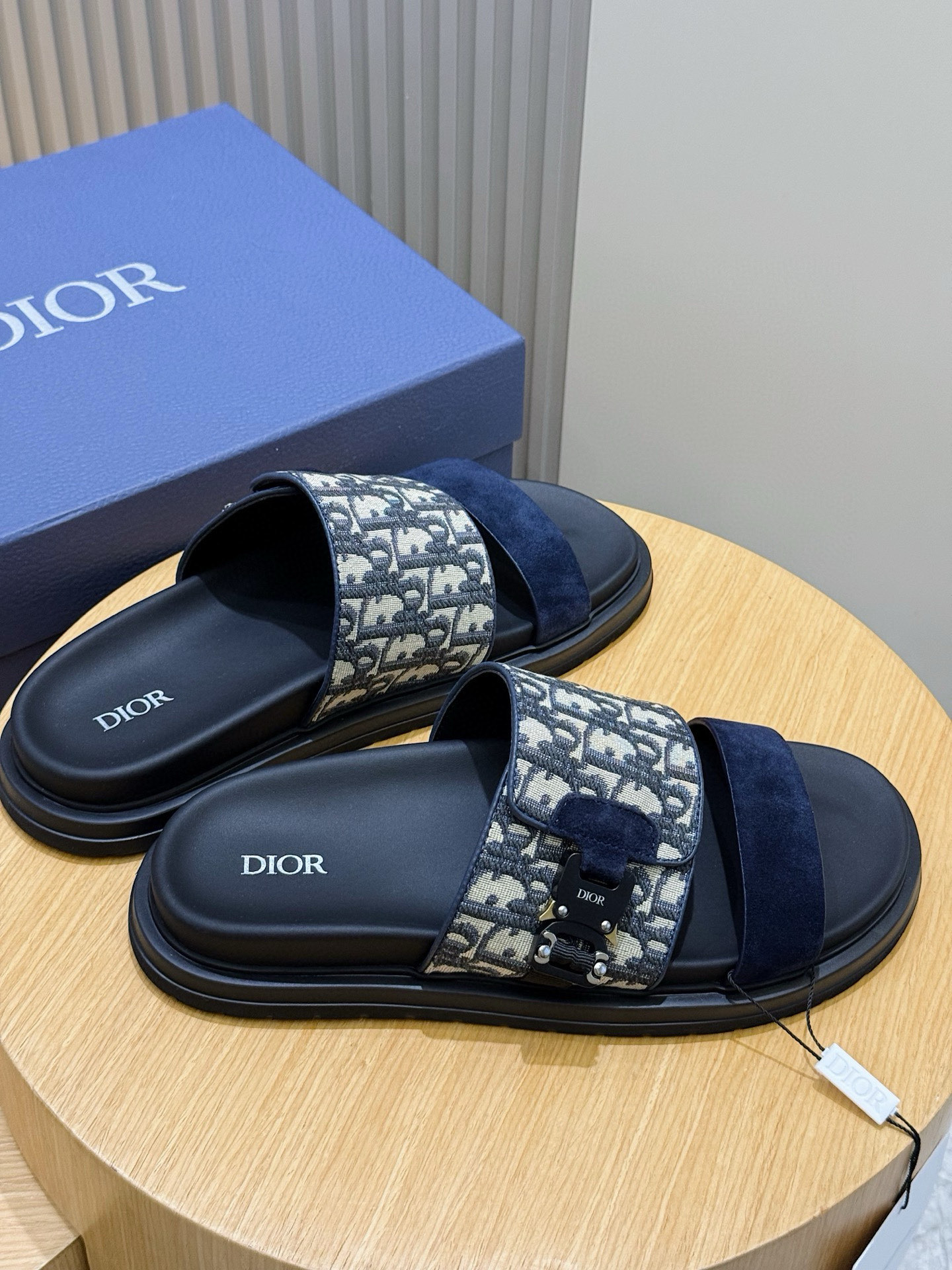 DiorA貨男士深藍拼老花雙帶拖鞋高端休閒款| 9 DiorA貨男士深藍拼老花雙帶拖鞋高端休閒款