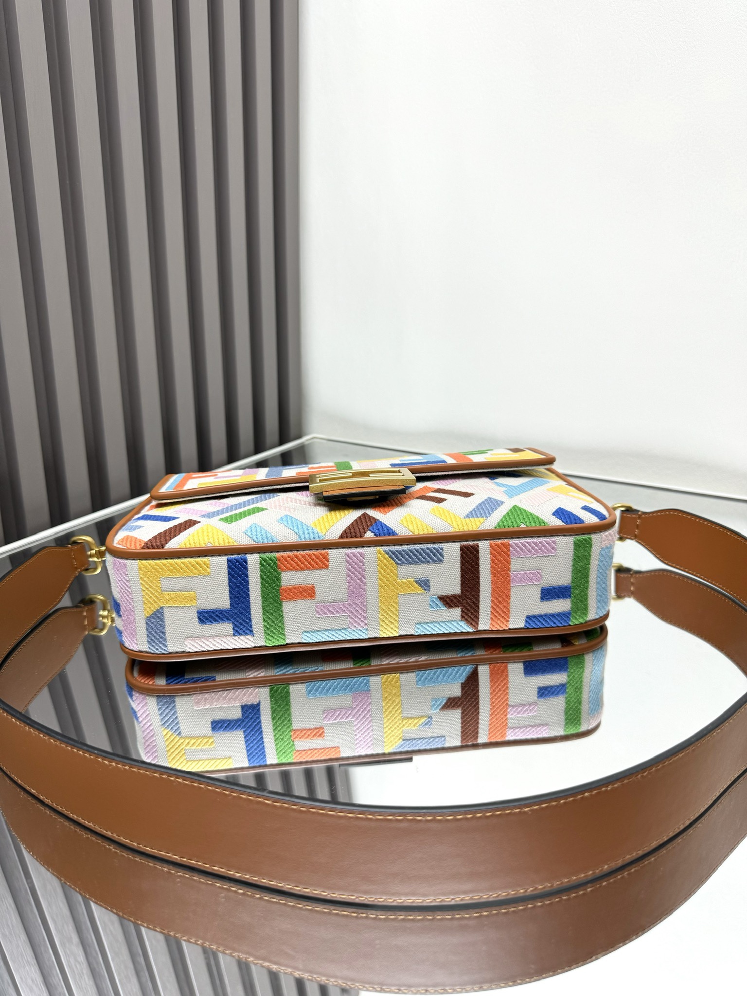 Fendi一比一彩色FF刺繡Baguette法棍包 幾何拼色單肩斜背包 咖色| 12 Fendi一比一彩色FF刺繡Baguette法棍包 幾何拼色單肩斜背包 咖色