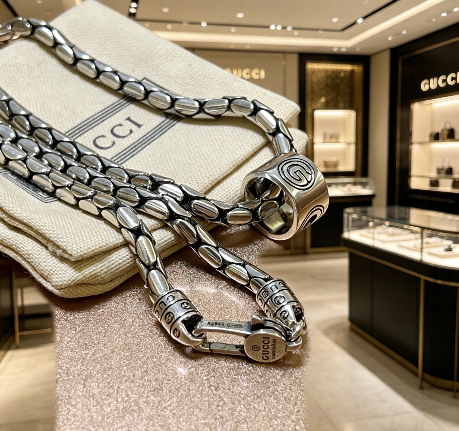 GUCCI 原單 蛇骨鏈條項鍊 銀色金屬圓筒吊墜潮流款| 14 GUCCI 原單 蛇骨鏈條項鍊 銀色金屬圓筒吊墜潮流款