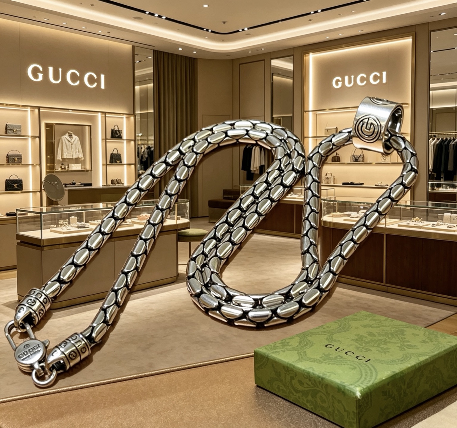GUCCI 原單 蛇骨鏈條項鍊 銀色金屬圓筒吊墜潮流款| 9 GUCCI 原單 蛇骨鏈條項鍊 銀色金屬圓筒吊墜潮流款