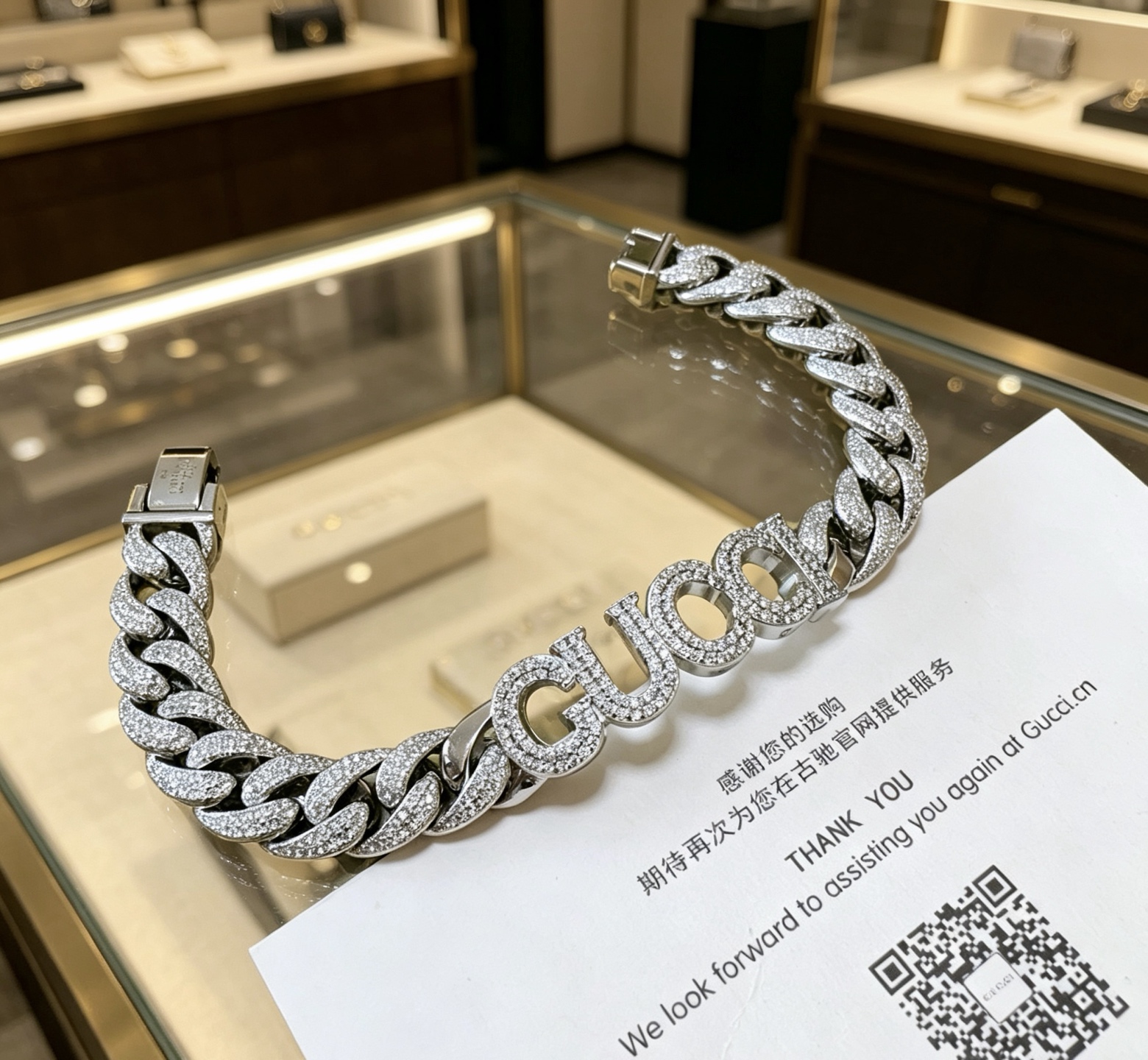 GUCCI 一比一 滿鑽LOGO粗鏈手鍊 銀色重工潮流款| 14 GUCCI 一比一 滿鑽LOGO粗鏈手鍊 銀色重工潮流款