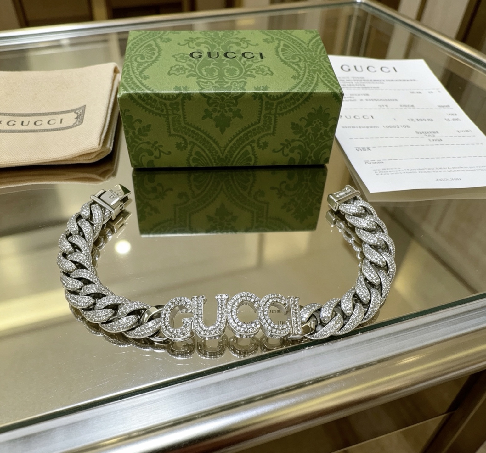 GUCCI 一比一 滿鑽LOGO粗鏈手鍊 銀色重工潮流款| 11 GUCCI 一比一 滿鑽LOGO粗鏈手鍊 銀色重工潮流款