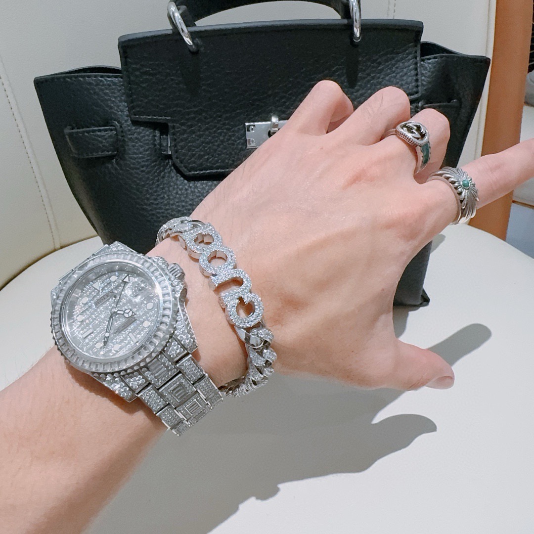GUCCI 一比一 滿鑽LOGO粗鏈手鍊 銀色重工潮流款| 7 GUCCI 一比一 滿鑽LOGO粗鏈手鍊 銀色重工潮流款