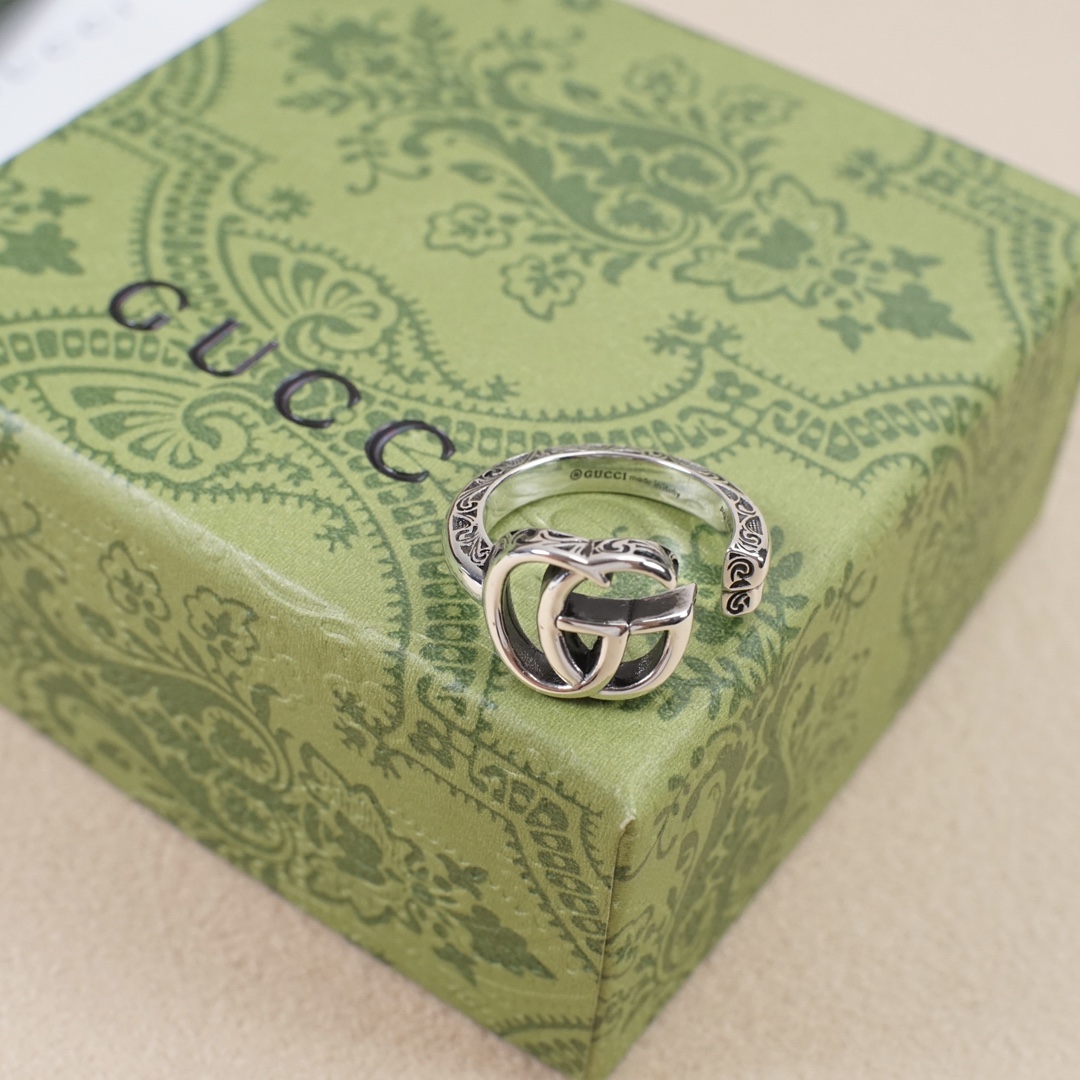 GUCCI 一比一雙G交錯開口戒指 復古雕花銀色設計 潮流個性指環| 14 GUCCI 一比一雙G交錯開口戒指 復古雕花銀色設計 潮流個性指環